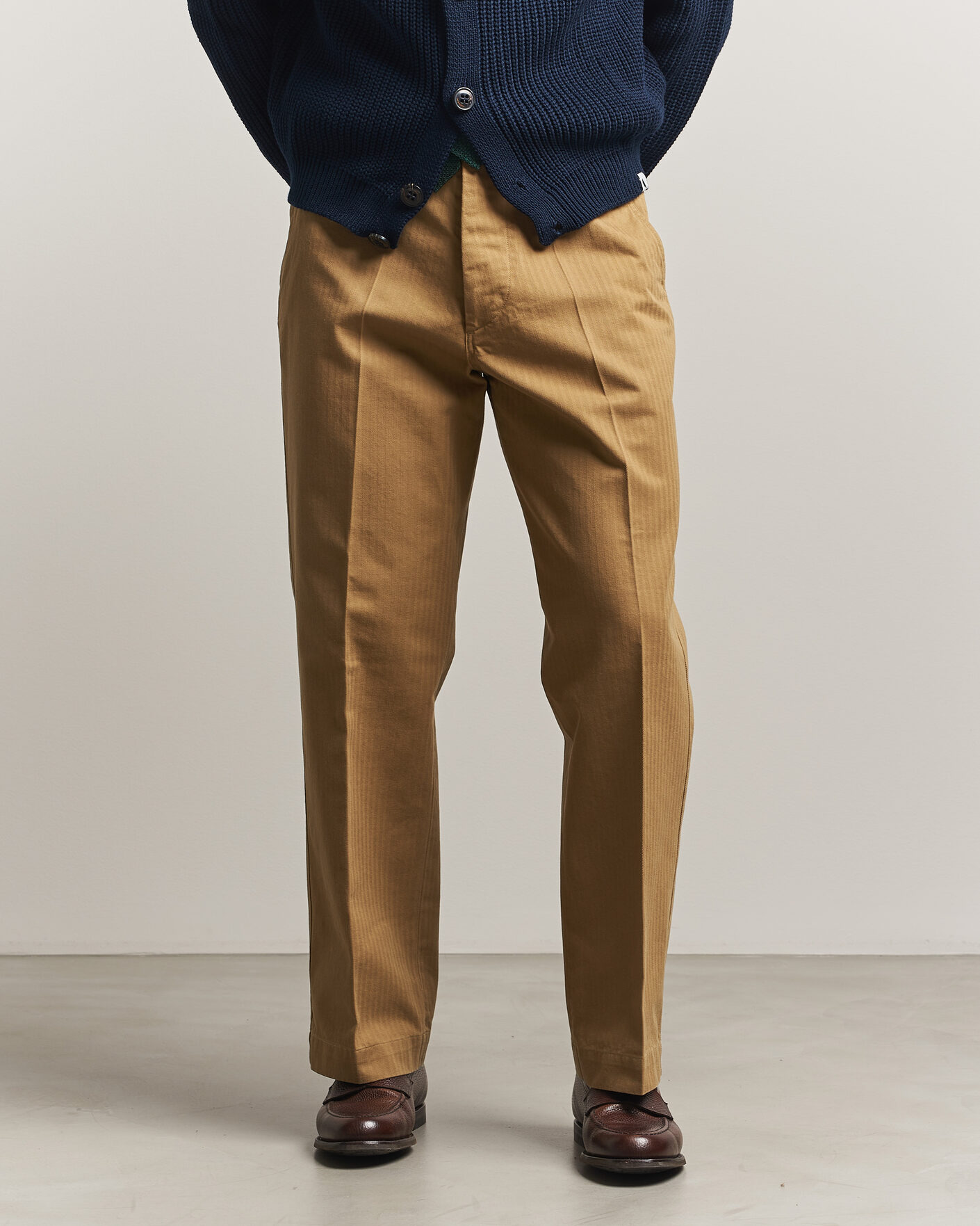 Hombres | Pantalones | Drake's | Herringbone Wide Leg Chino Khaki