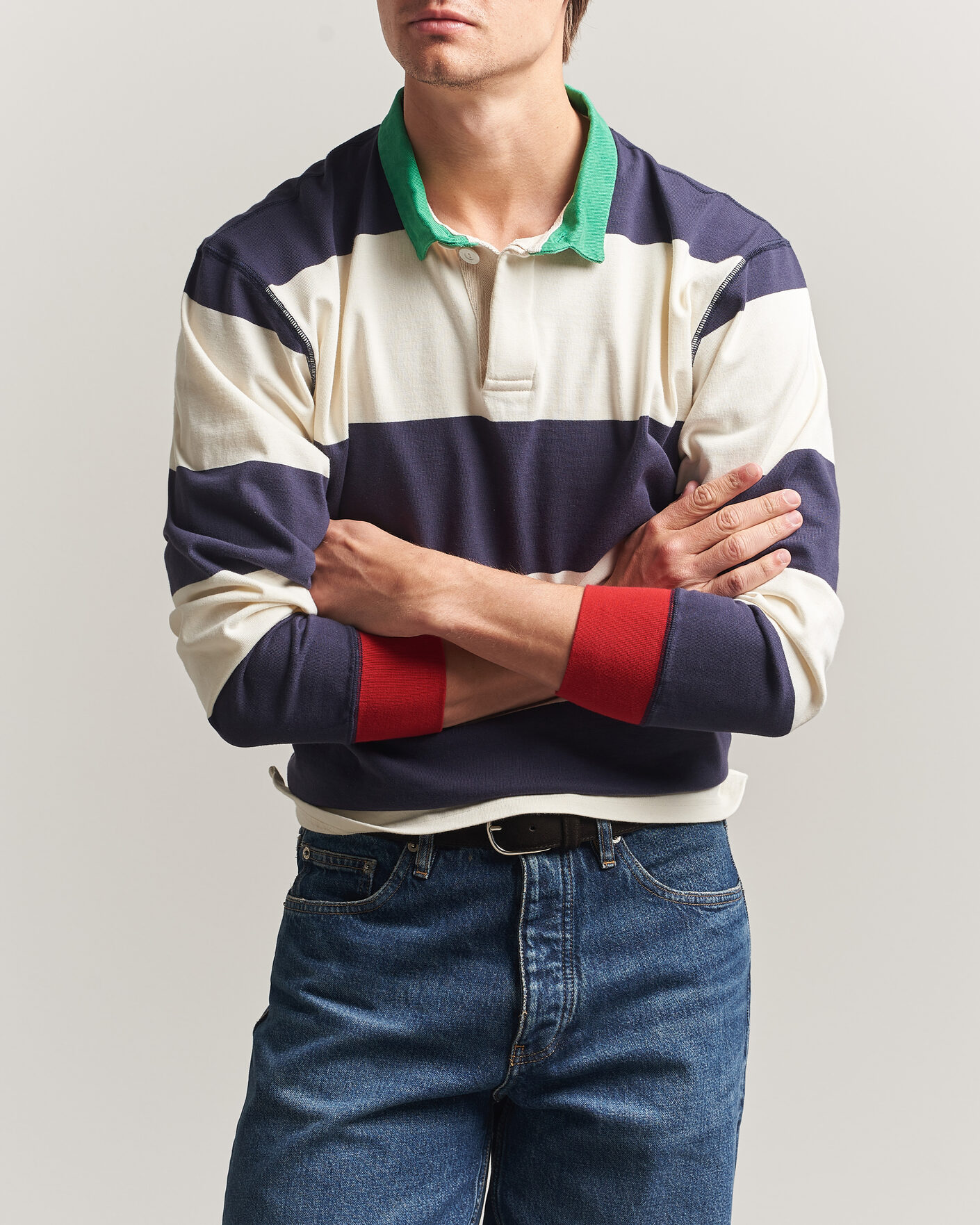 Hombres | Jerséis y prendas de punto | Drake's | Dual Block Stripe Rugby Whie/Navy