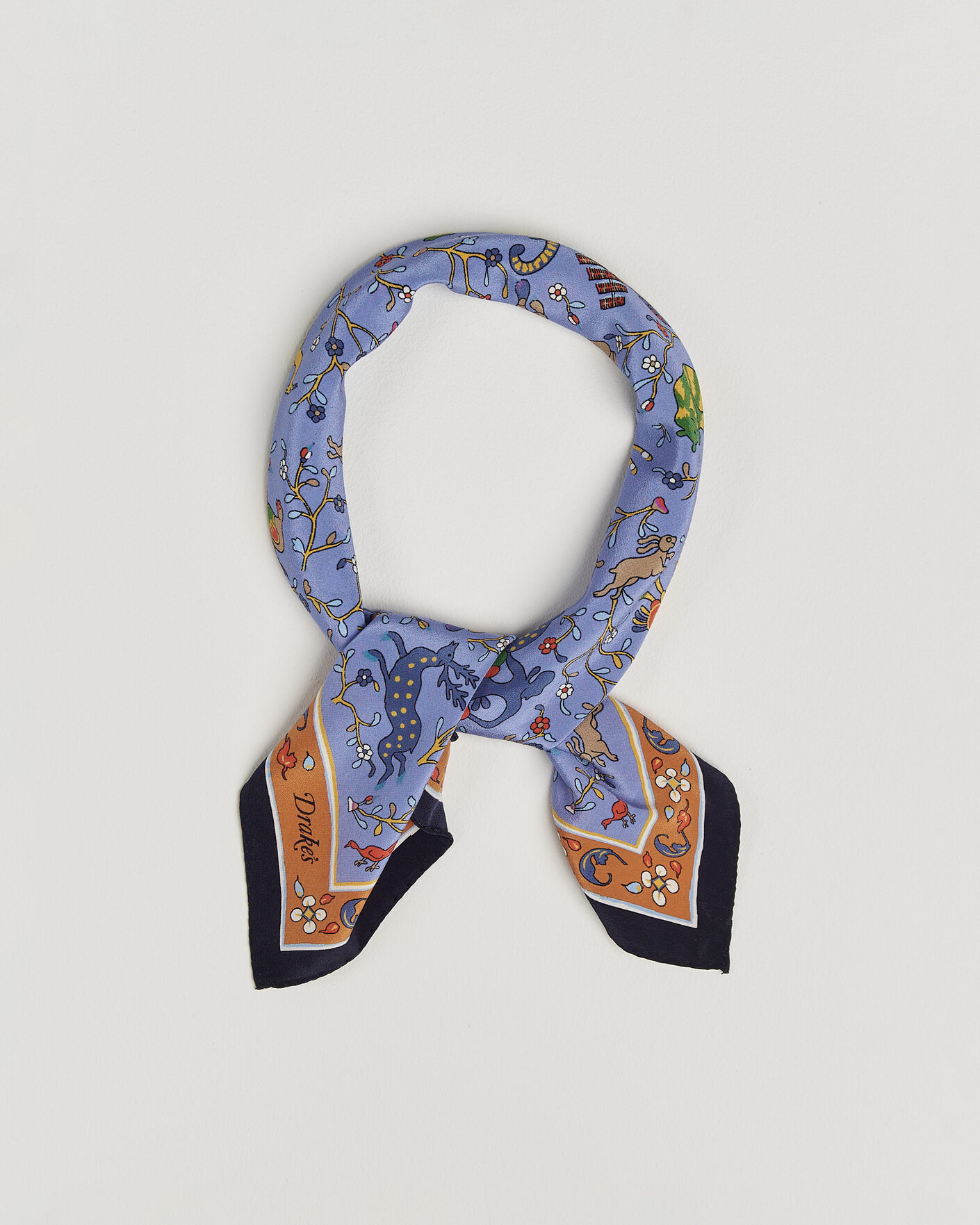 Hombres | Bufandas elegantes | Drake's | Animals And Flowers Print Crepe Silk Bandana Navy