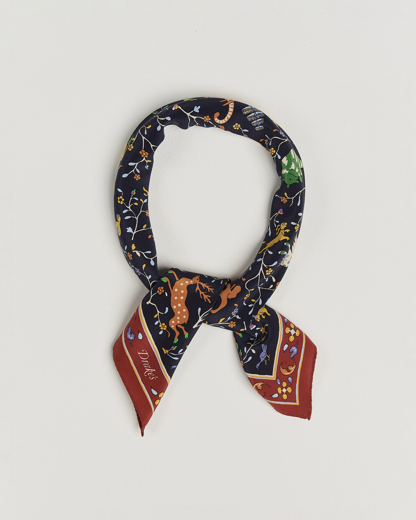Hombres | Bufandas elegantes | Drake's | Animals And Flowers Print Crepe Silk Bandana Blue