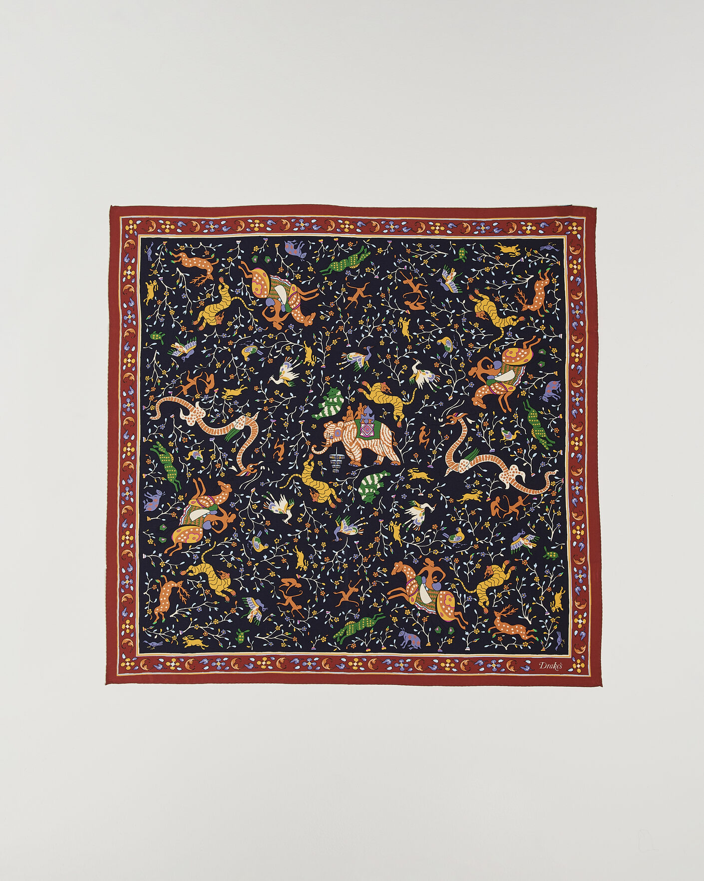 Hombres | Bufandas elegantes | Drake's | Animals And Flowers Print Crepe Silk Bandana Blue