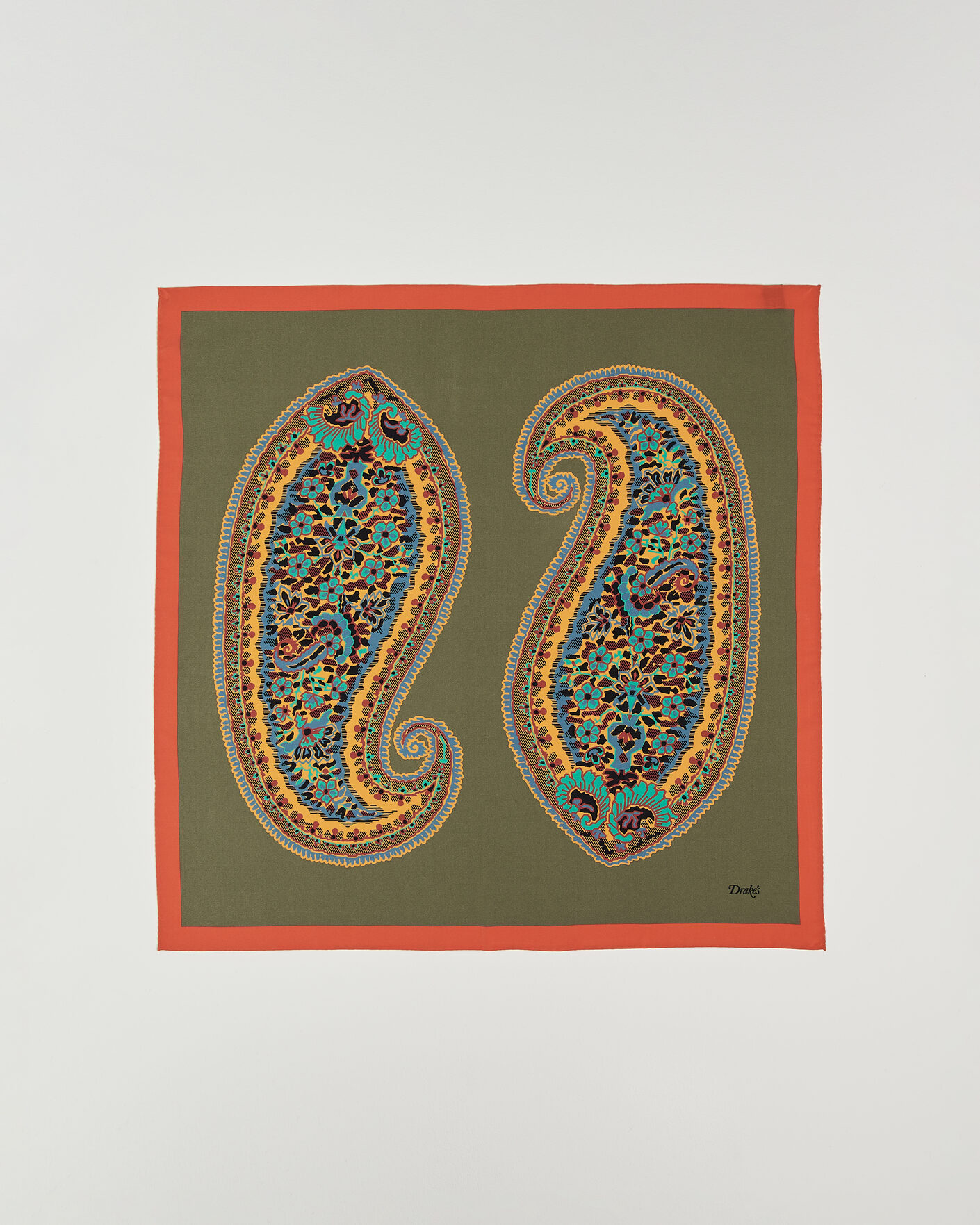 Hombres | Bufandas elegantes | Drake's | Paisley Print Crepe Silk Bandana Olive