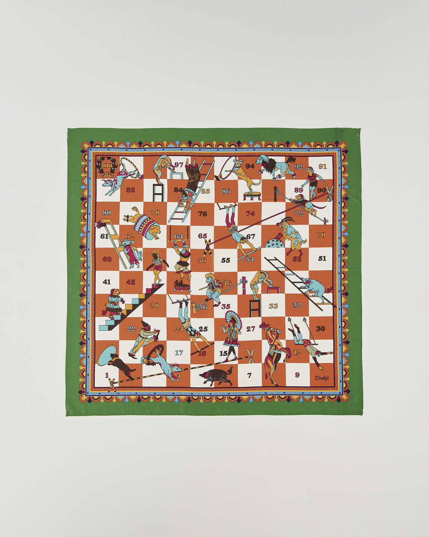 Hombres | Bufandas elegantes | Drake's | Snakes & Ladders Print Crepe Silk Bandana Green