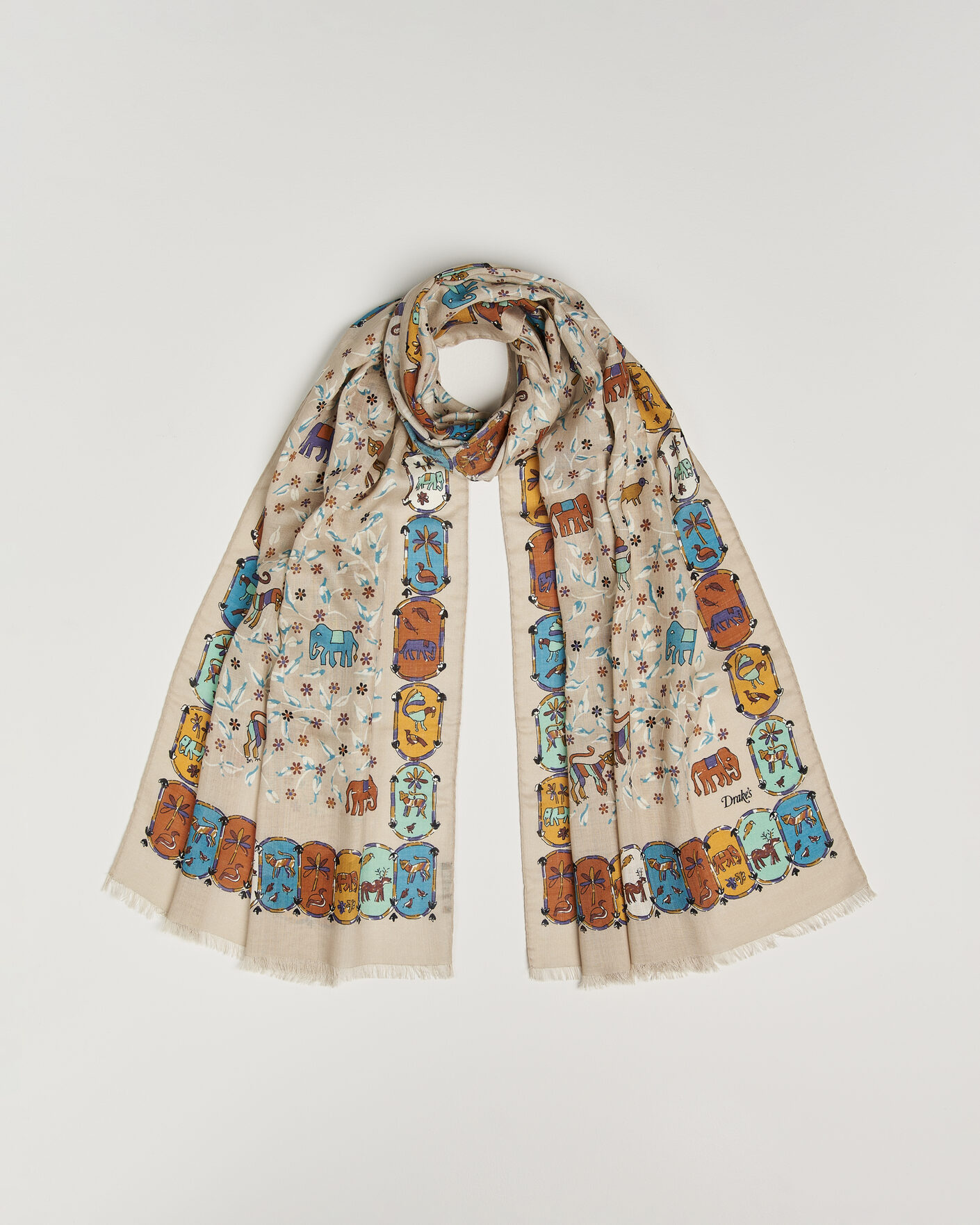 Hombres | Drake's Loose Animal Wool/Silk Print Scarf Beige | Drake's | Loose Animal Wool/Silk Print Scarf Beige