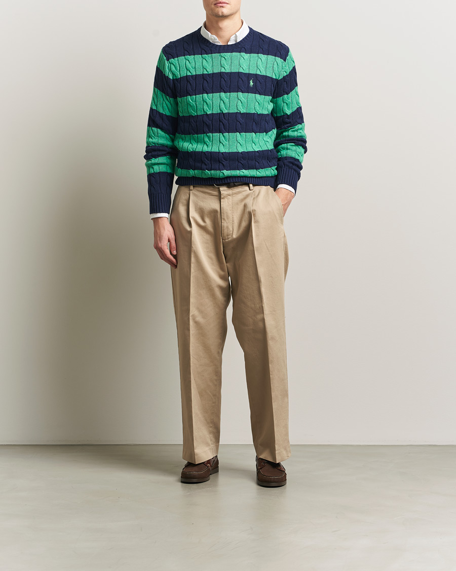 Hombres | Jerséis y prendas de punto | Polo Ralph Lauren | Striped Cotton Cable Sweater Navy Green Combo