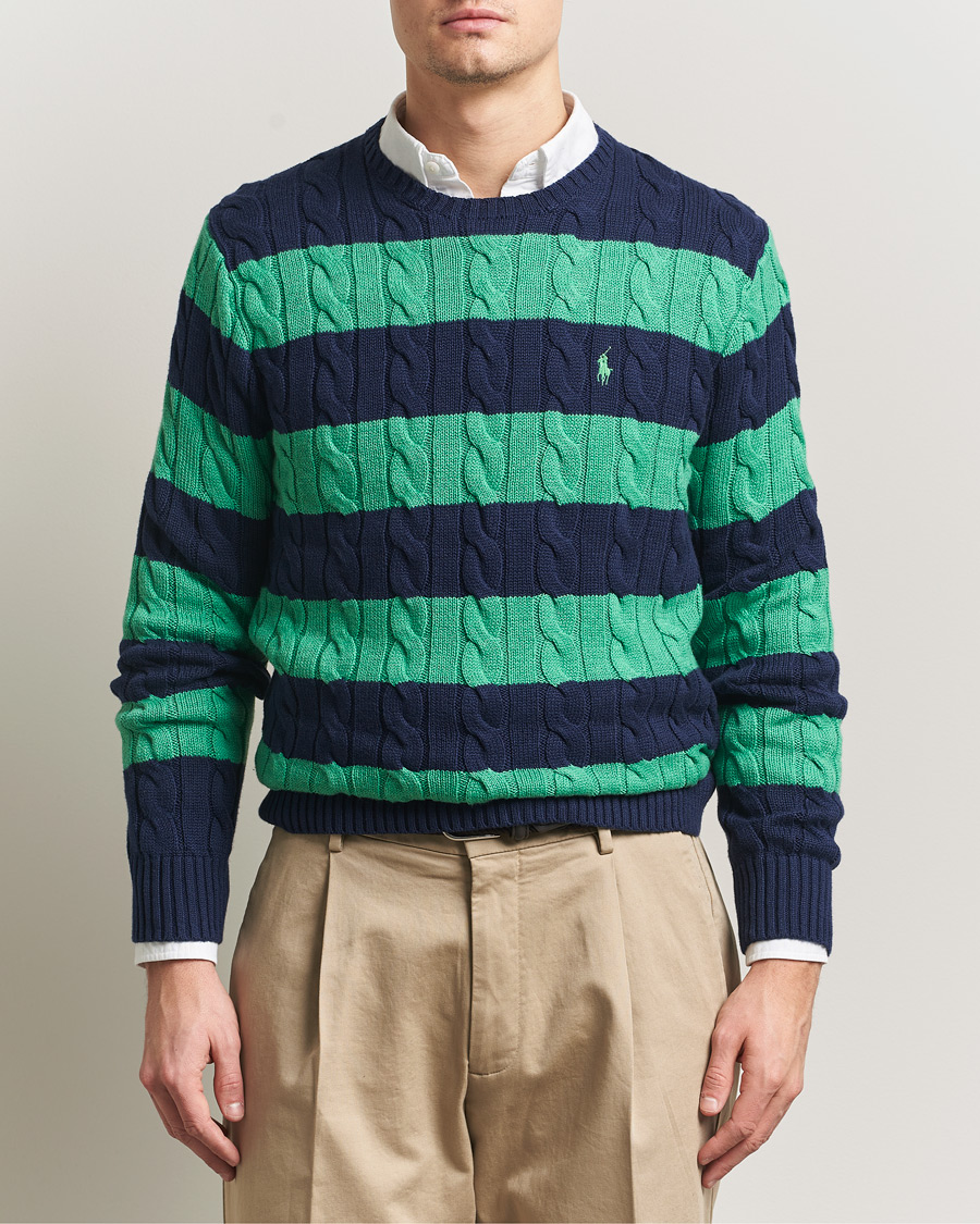 Hombres | Jerséis y prendas de punto | Polo Ralph Lauren | Striped Cotton Cable Sweater Navy Green Combo