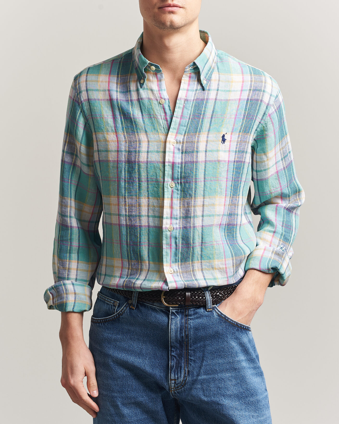 Hombres | Camisas | Polo Ralph Lauren | Custom Fit Check Linen Shirt Green/Blue/White