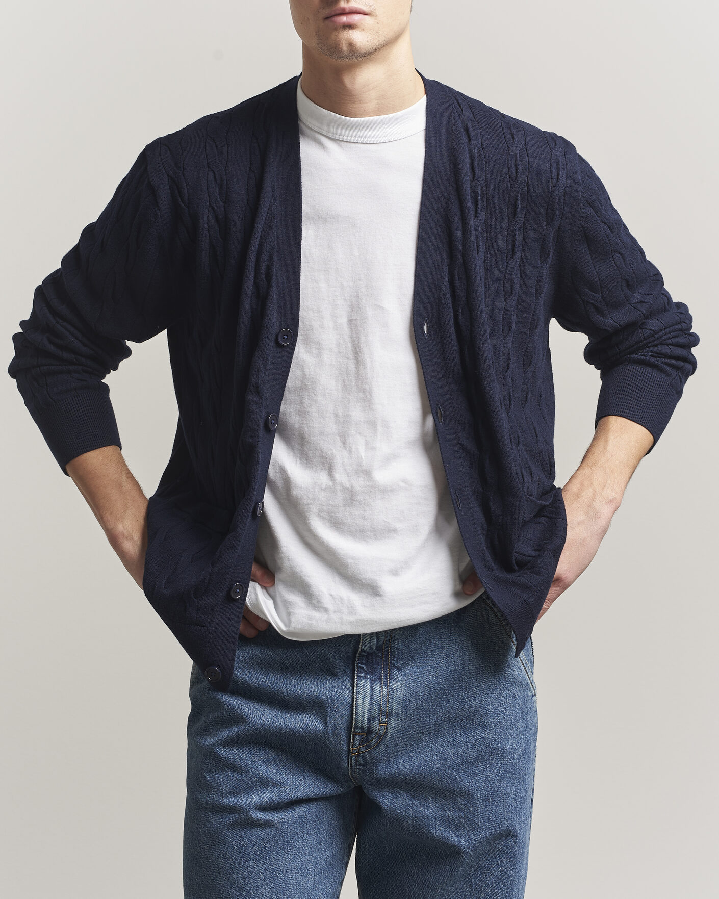 Hombres | Jerséis y prendas de punto | Filippa K | Cotton/Merino Cable Cardigan Navy