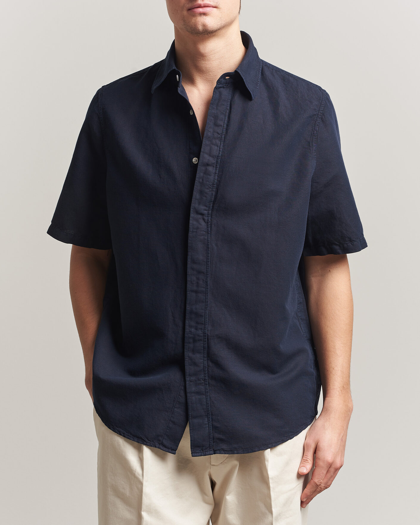 Hombres | Camisas | Filippa K | Cotton/Linen Short Sleeve Shirt Navy