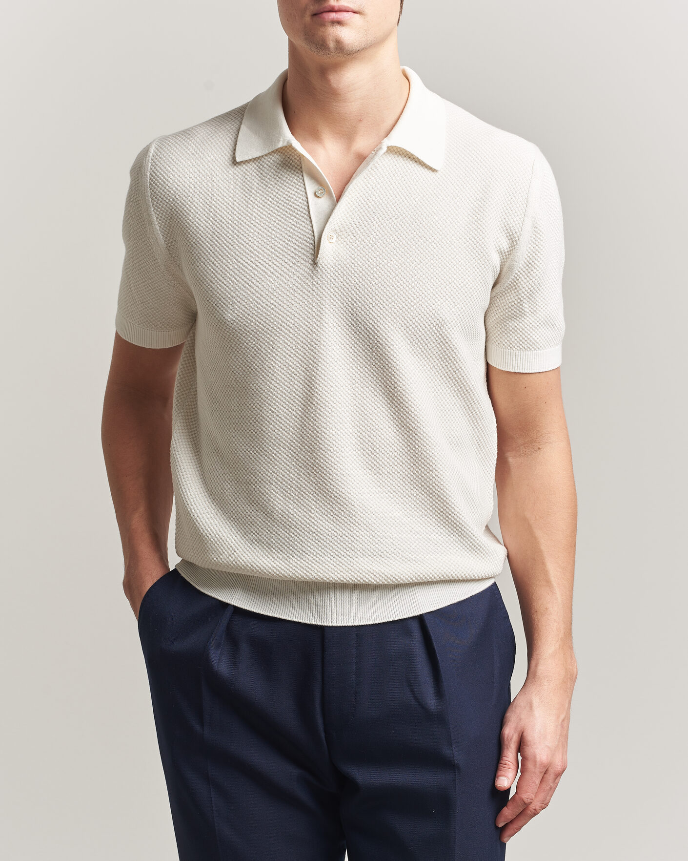 Hombres | Polos | Canali | Textured Knit Short Sleeve Polo Off White