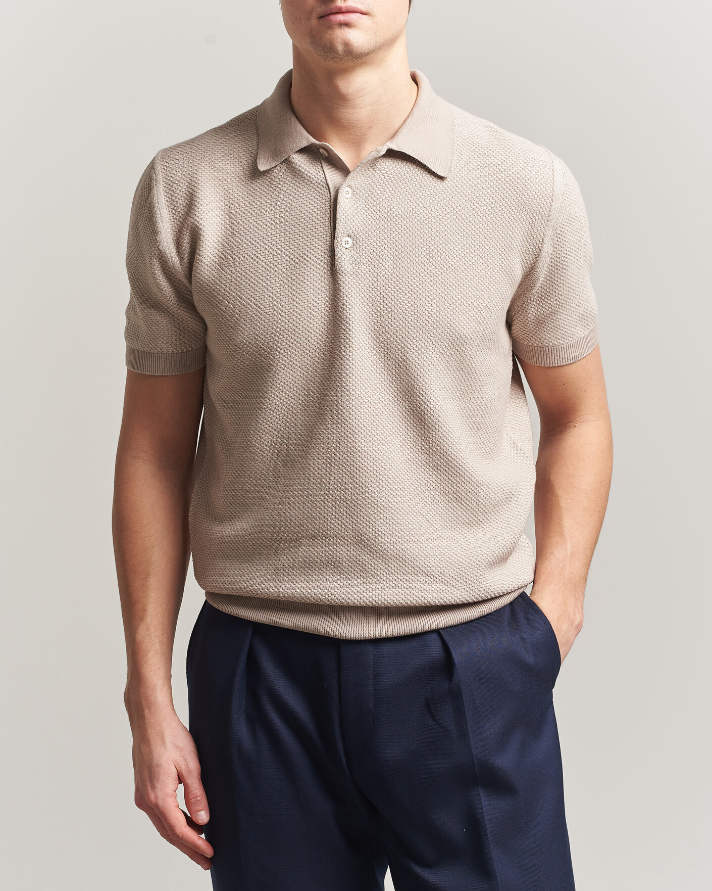 Hombres | Polos | Canali | Textured Knit Short Sleeve Polo Light Beige