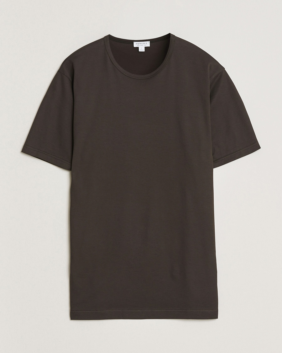 Hombres | Camisetas | Sunspel | Crew Neck Q82 Cotton T-Shirt Dark Chocolate