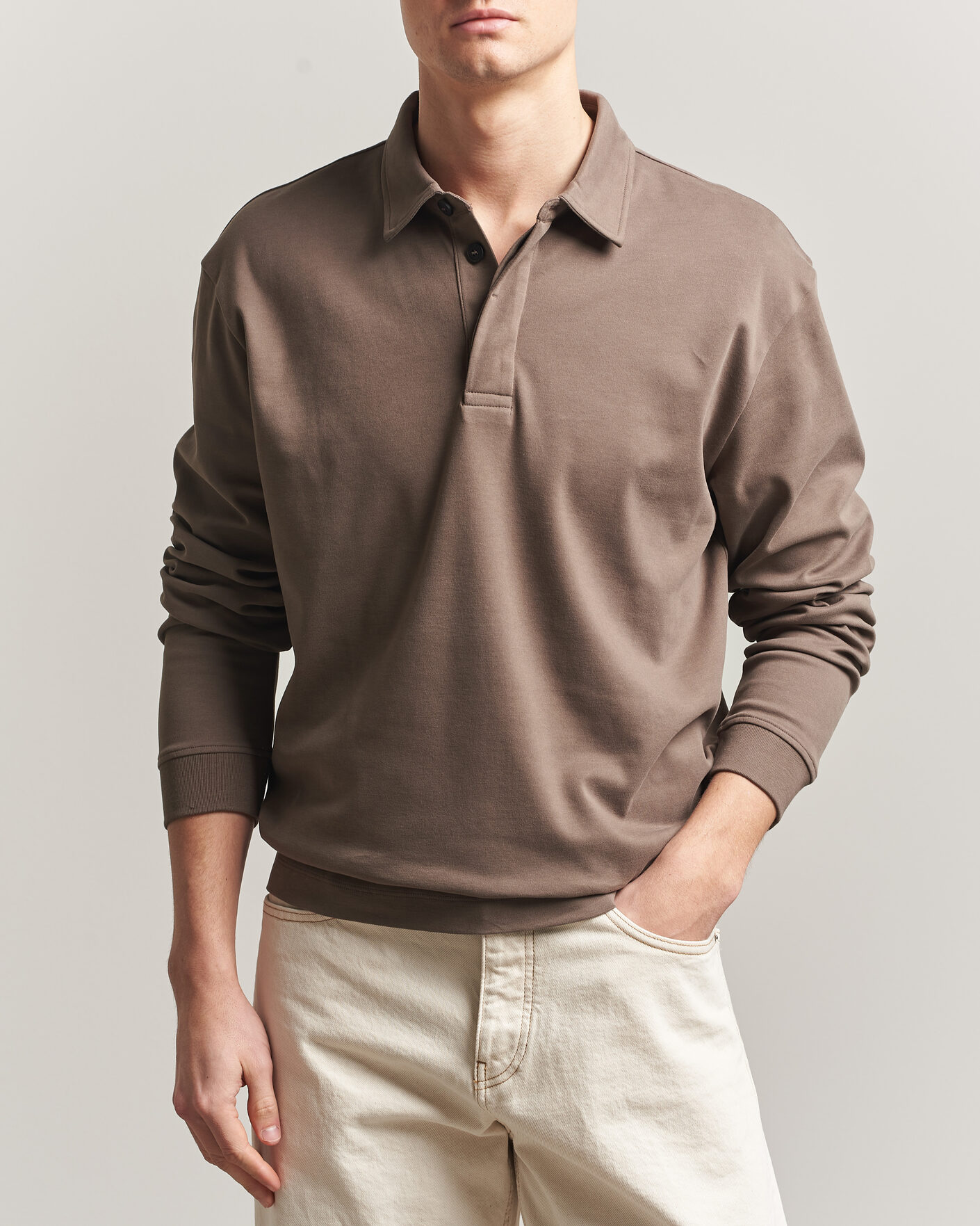 Hombres | Polos | Sunspel | Heavy Weight Supima Cotton Long Sleeve Polo Dark Cedar