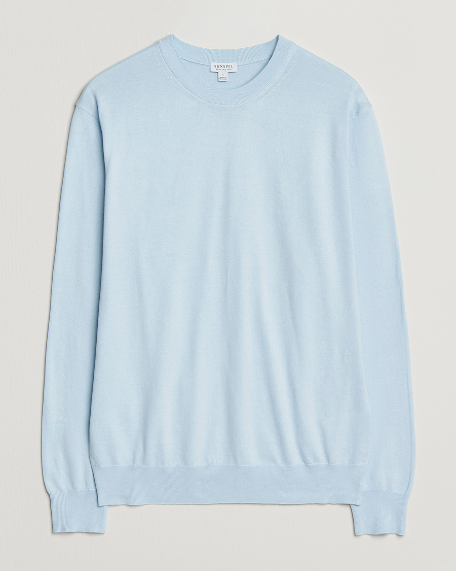 Hombres | Jerséis y prendas de punto | Sunspel | Lightweight Knitted Cotton Crew Pastel Blue