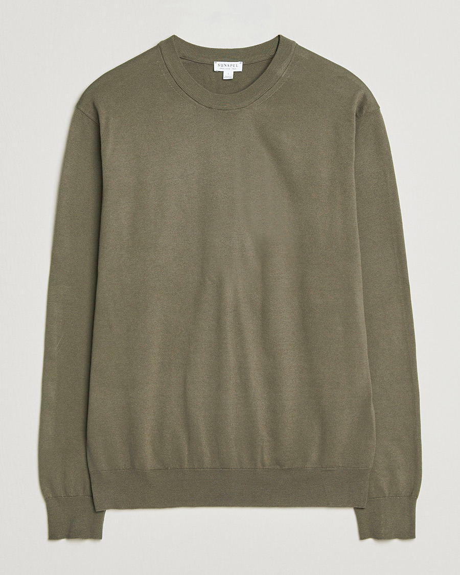 Hombres | Jerséis y prendas de punto | Sunspel | Lightweight Knitted Cotton Crew Khaki