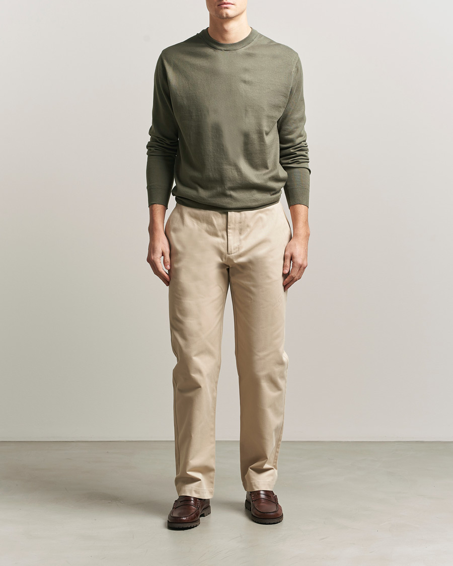 Hombres | Jerséis y prendas de punto | Sunspel | Lightweight Knitted Cotton Crew Khaki