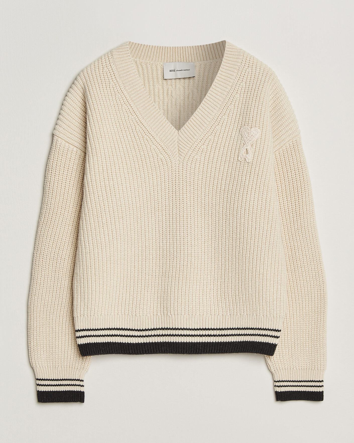 Hombres | Jerséis y prendas de punto | AMI | Wool/Cotton Ribbed V-Neck Creme