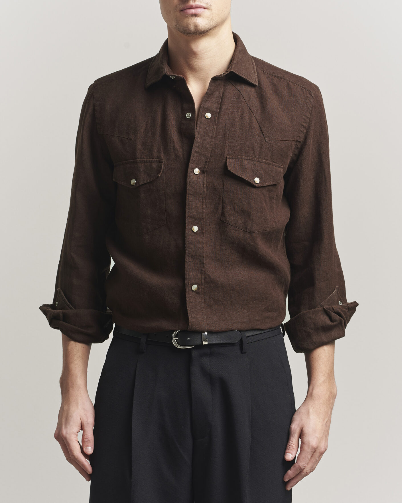 Hombres | Camisas | 100Hands | Two Pocket Western Linen Shirt Chocolate