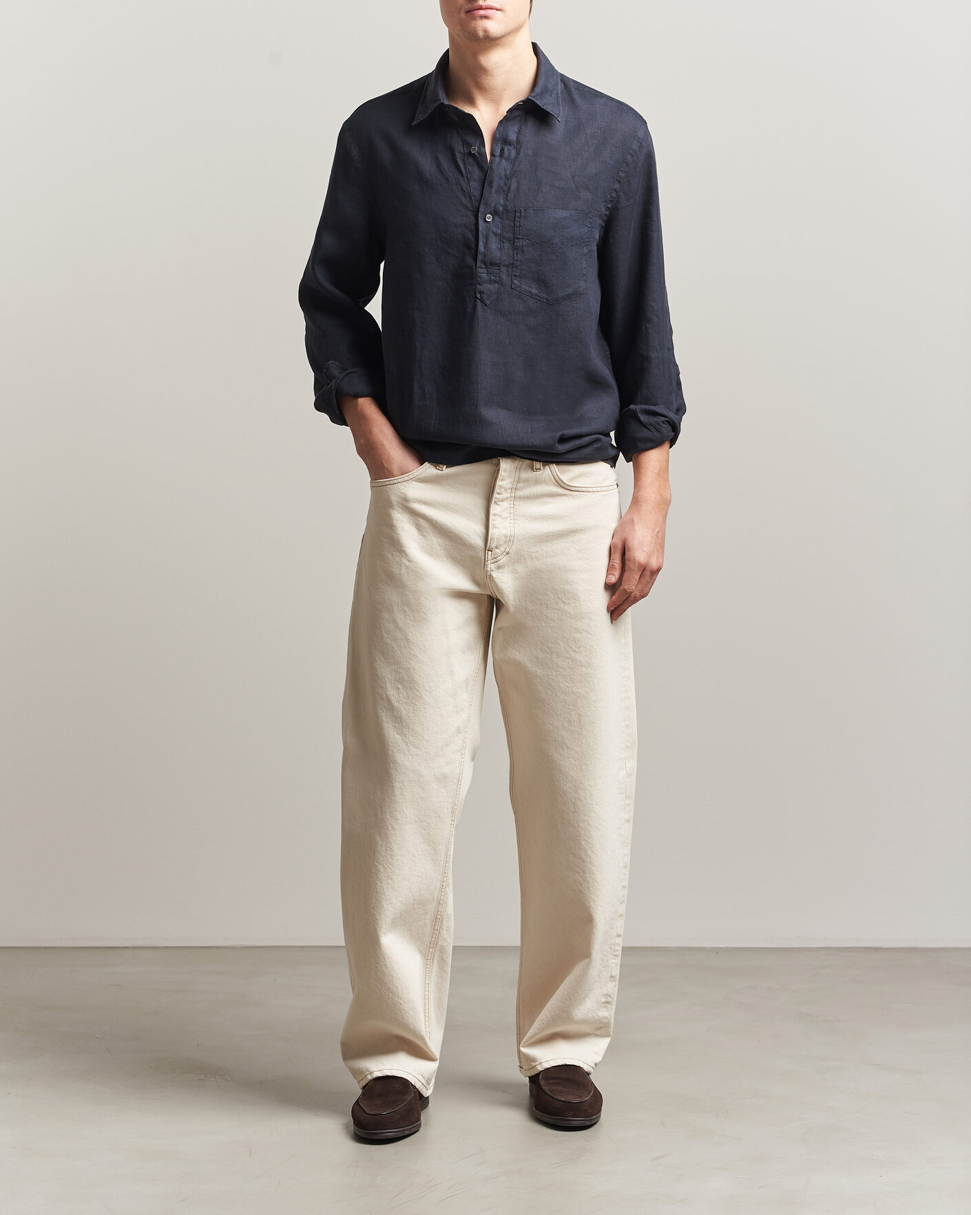 Hombres | Camisas | Aspesi | Popover Linen Shirt Navy