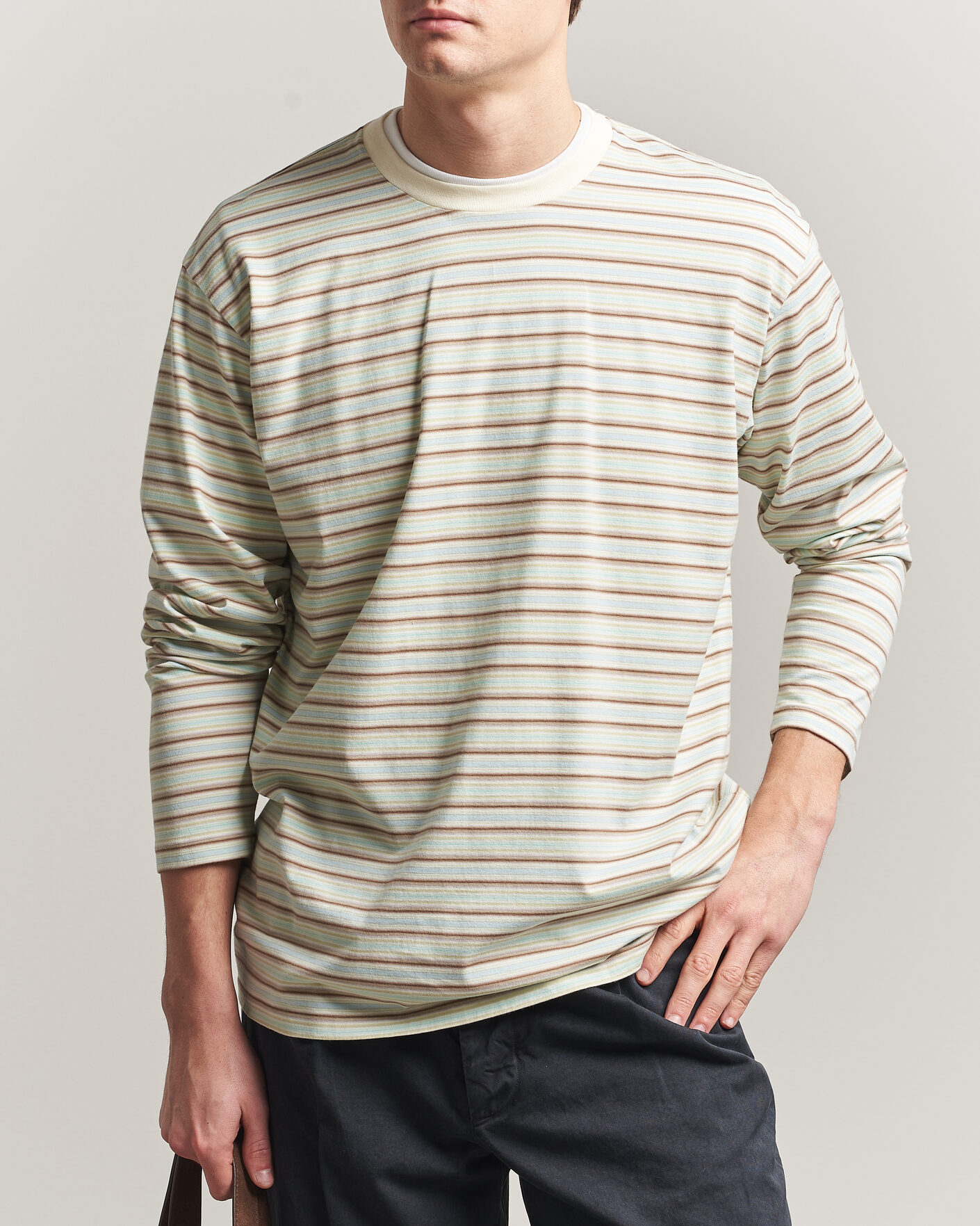 Hombres | Camisetas | Auralee | Long Sleeve Cotton T-Shirt Mint Stripe