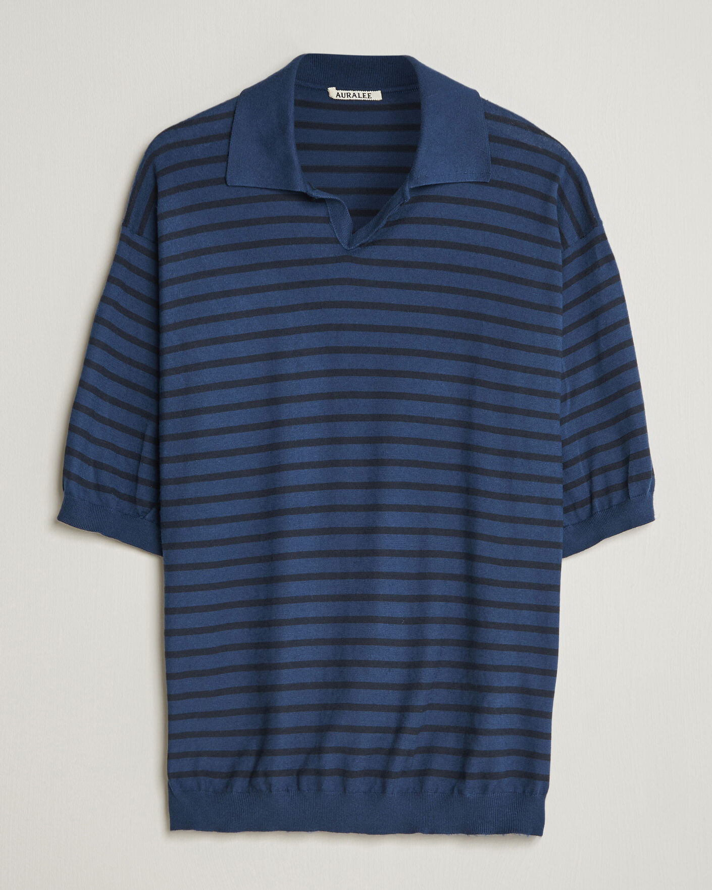 Hombres | Polos | Auralee | Cotton Knit Skipper Polo Navy Stripe