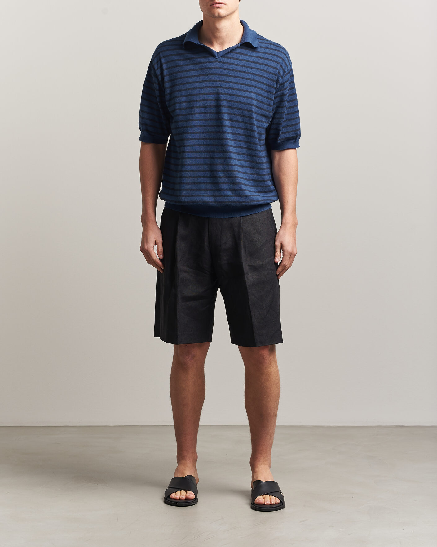 Hombres | Polos | Auralee | Cotton Knit Skipper Polo Navy Stripe