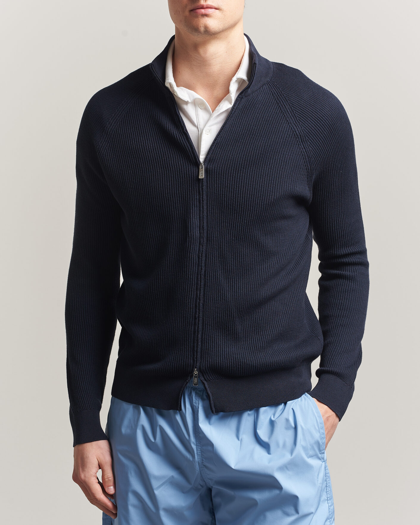 Hombres | Jerséis y prendas de punto | Fedeli | Giza Cotton Full Zip Sweater Navy