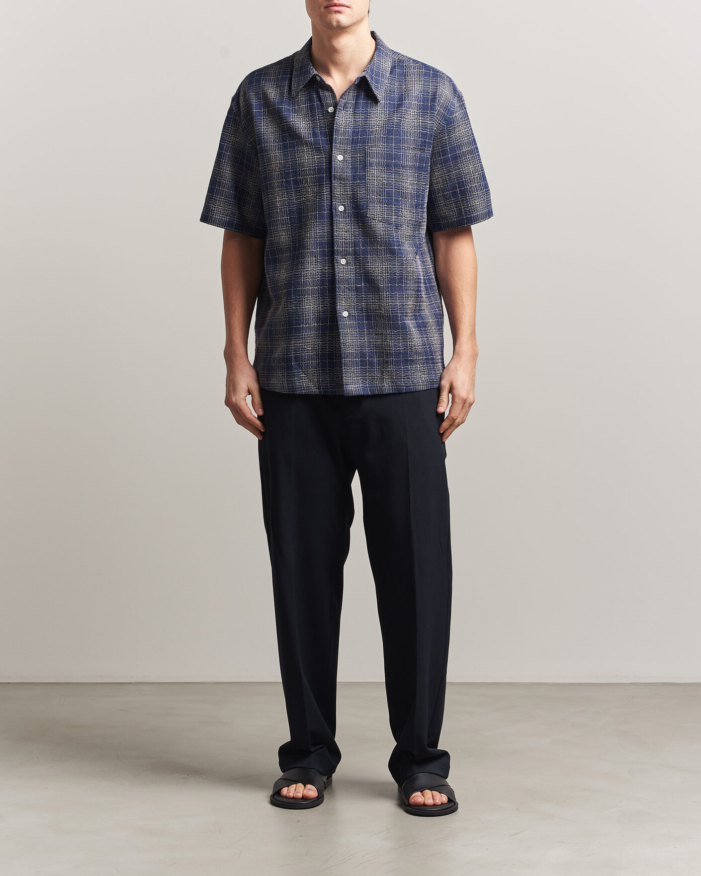 Hombres | Camisas | Palmes | Cotton/Linen Short Sleeve Shirt Navy Check