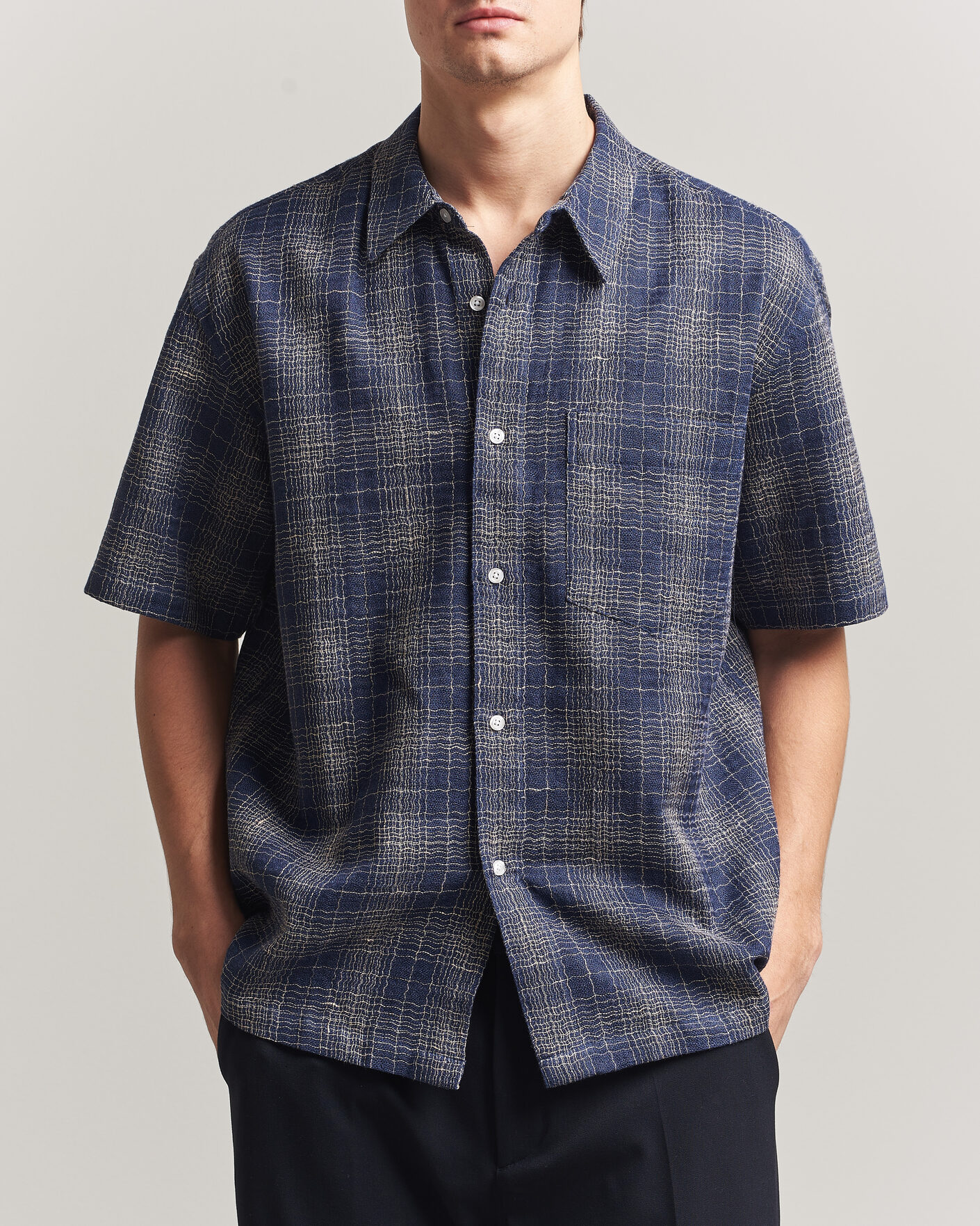 Hombres | Camisas | Palmes | Cotton/Linen Short Sleeve Shirt Navy Check