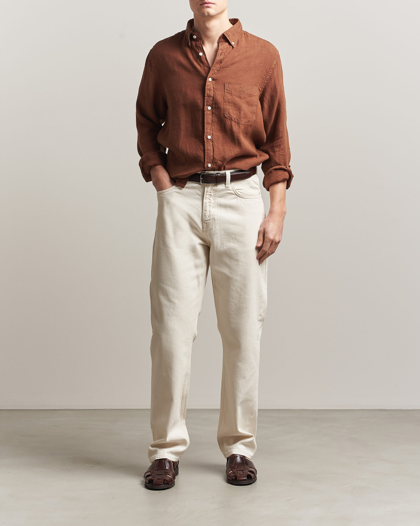 Hombres | Camisas | Gant | Regular Fit Garment Dyed Linen Shirt Mahogany Brown