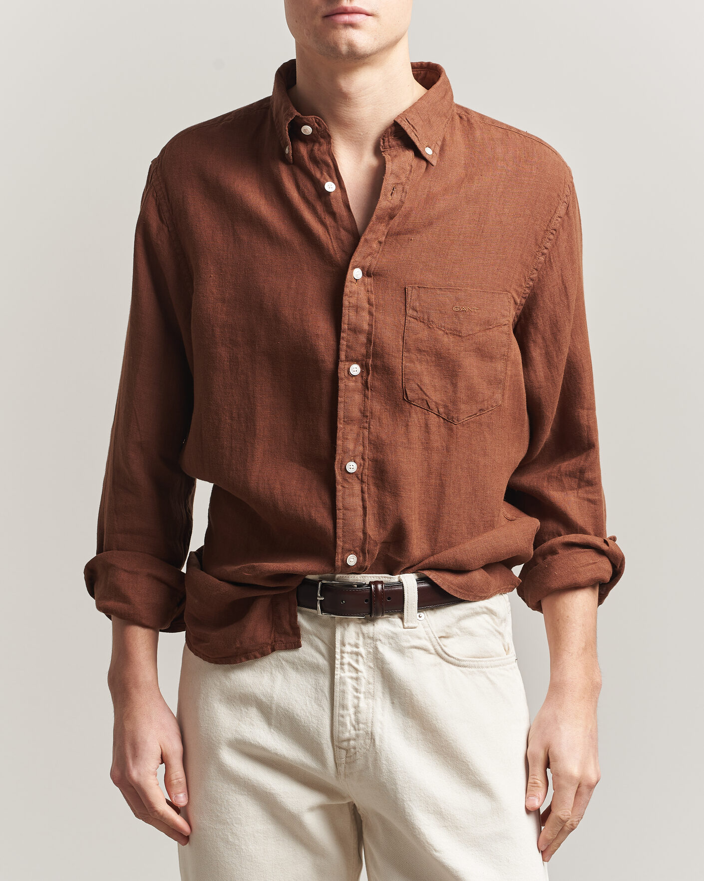 Hombres | Camisas | Gant | Regular Fit Garment Dyed Linen Shirt Mahogany Brown