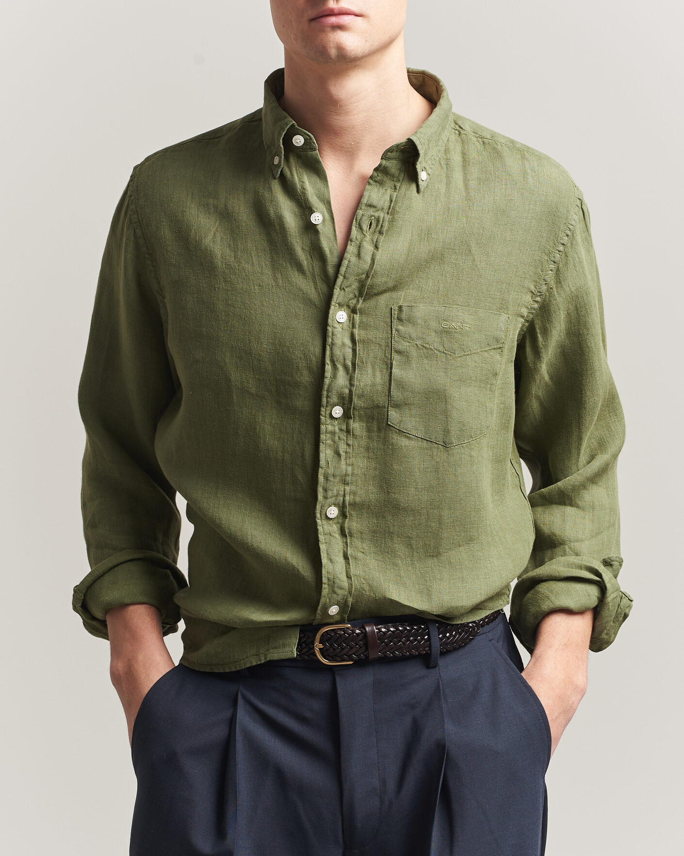 Hombres | Camisas | Gant | Regular Fit Garment Dyed Linen Shirt Dry Herb Green