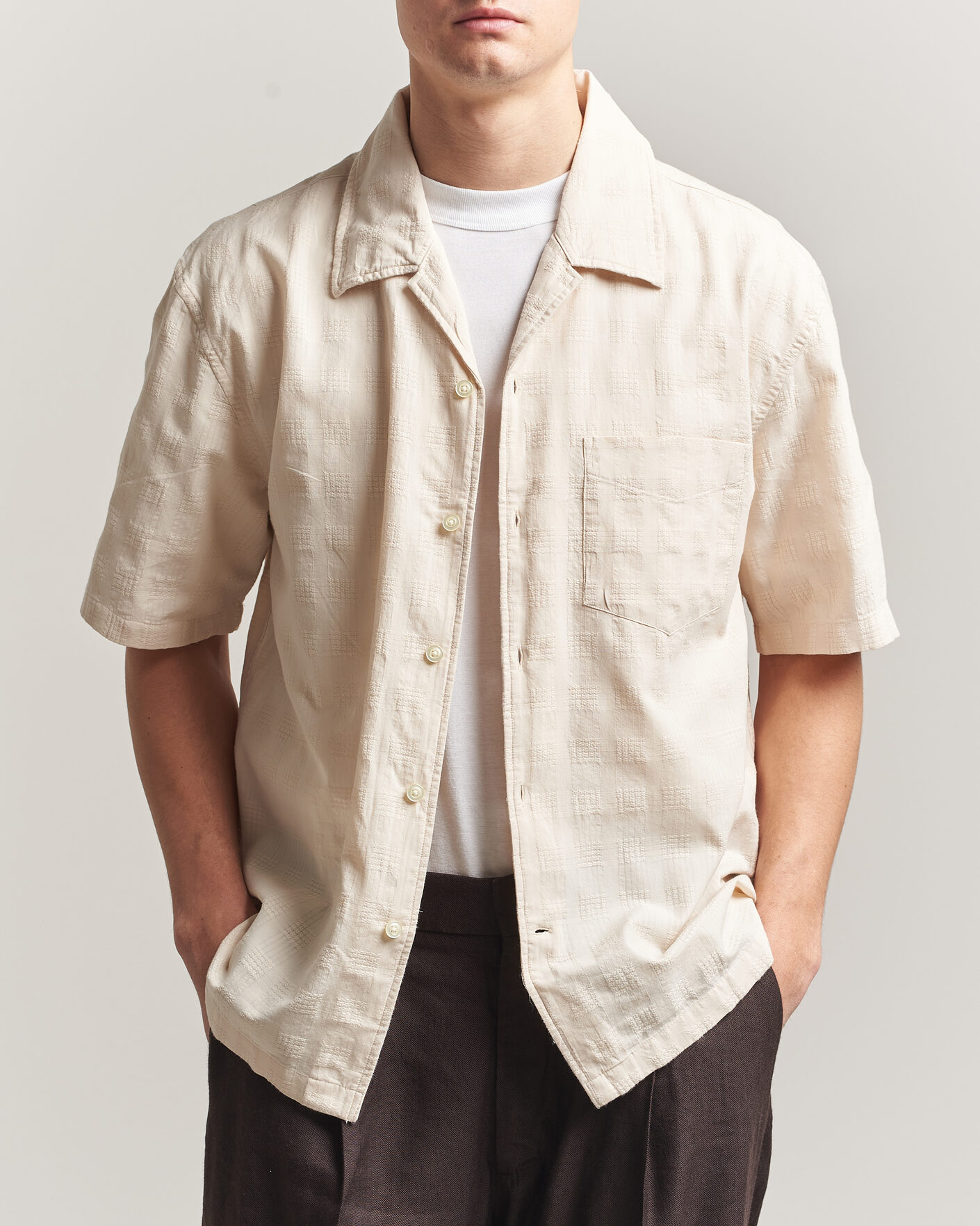 Hombres | Camisas | Gant | Relaxed Fit Textured Checked Camp Shirt Creamed White