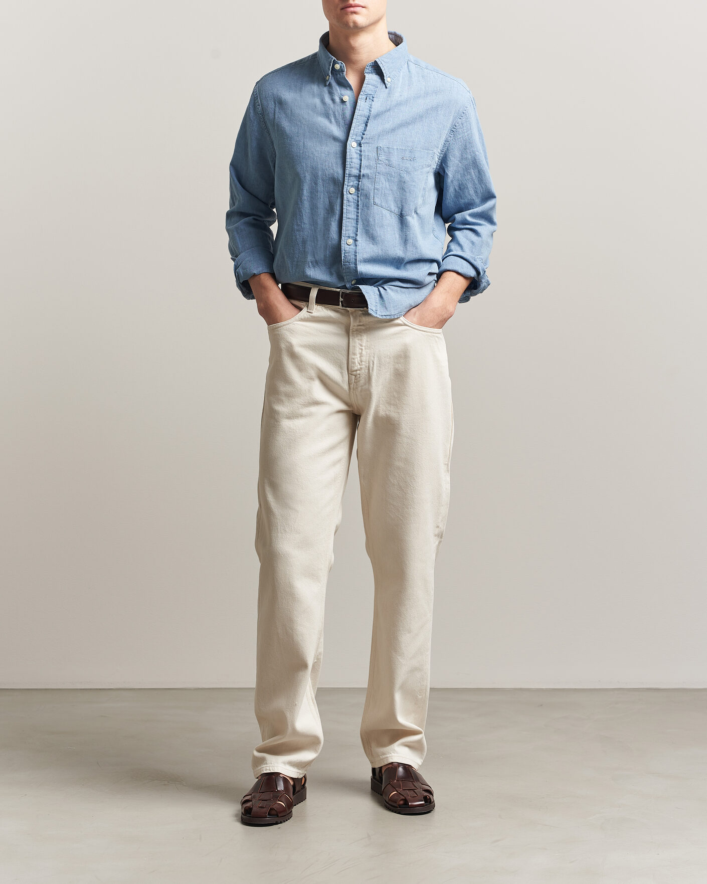 Hombres | Camisas | Gant | Regular Fit Cotton Linen Indigo Shirt Semi Light Blue