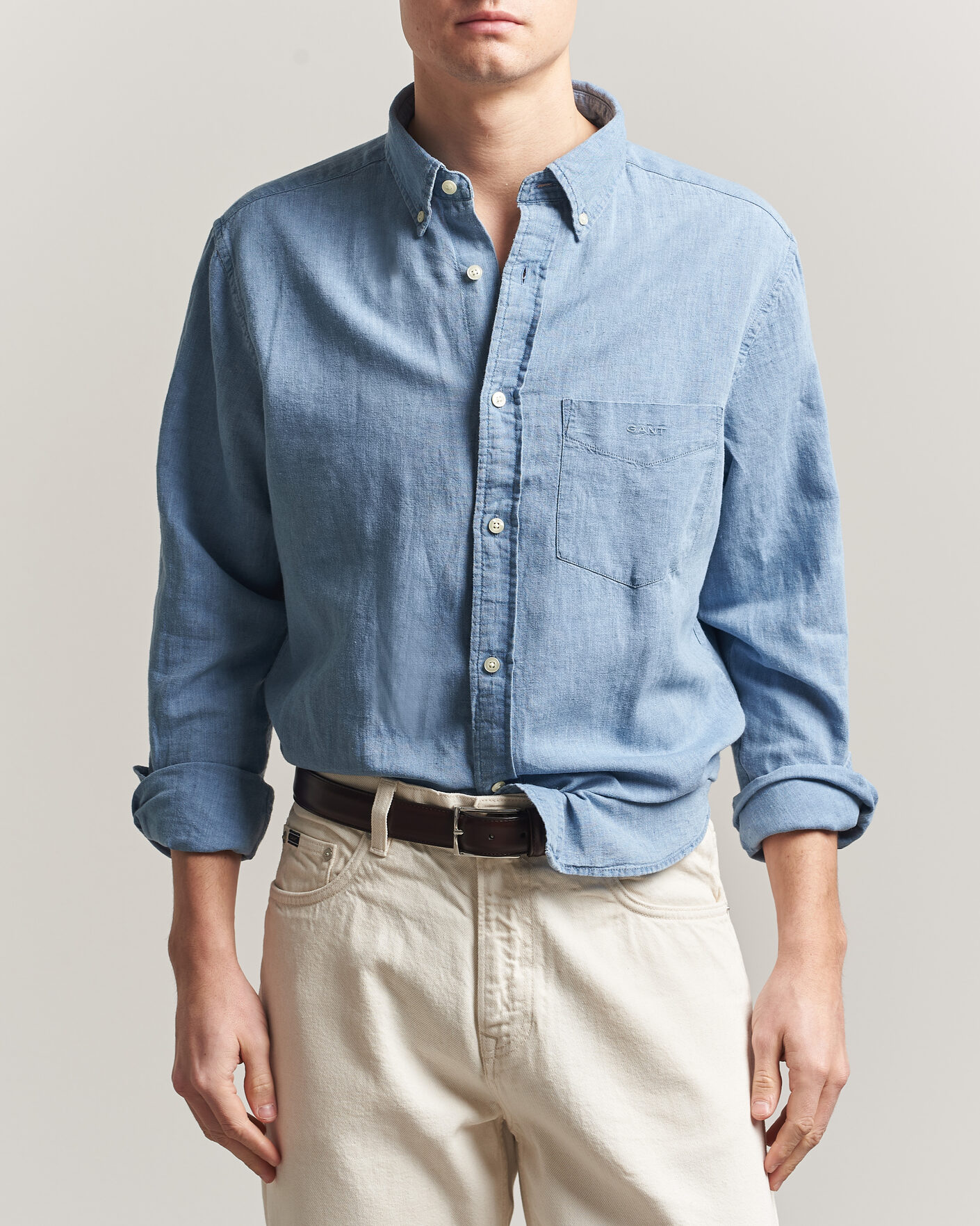 Hombres | Camisas | Gant | Regular Fit Cotton Linen Indigo Shirt Semi Light Blue