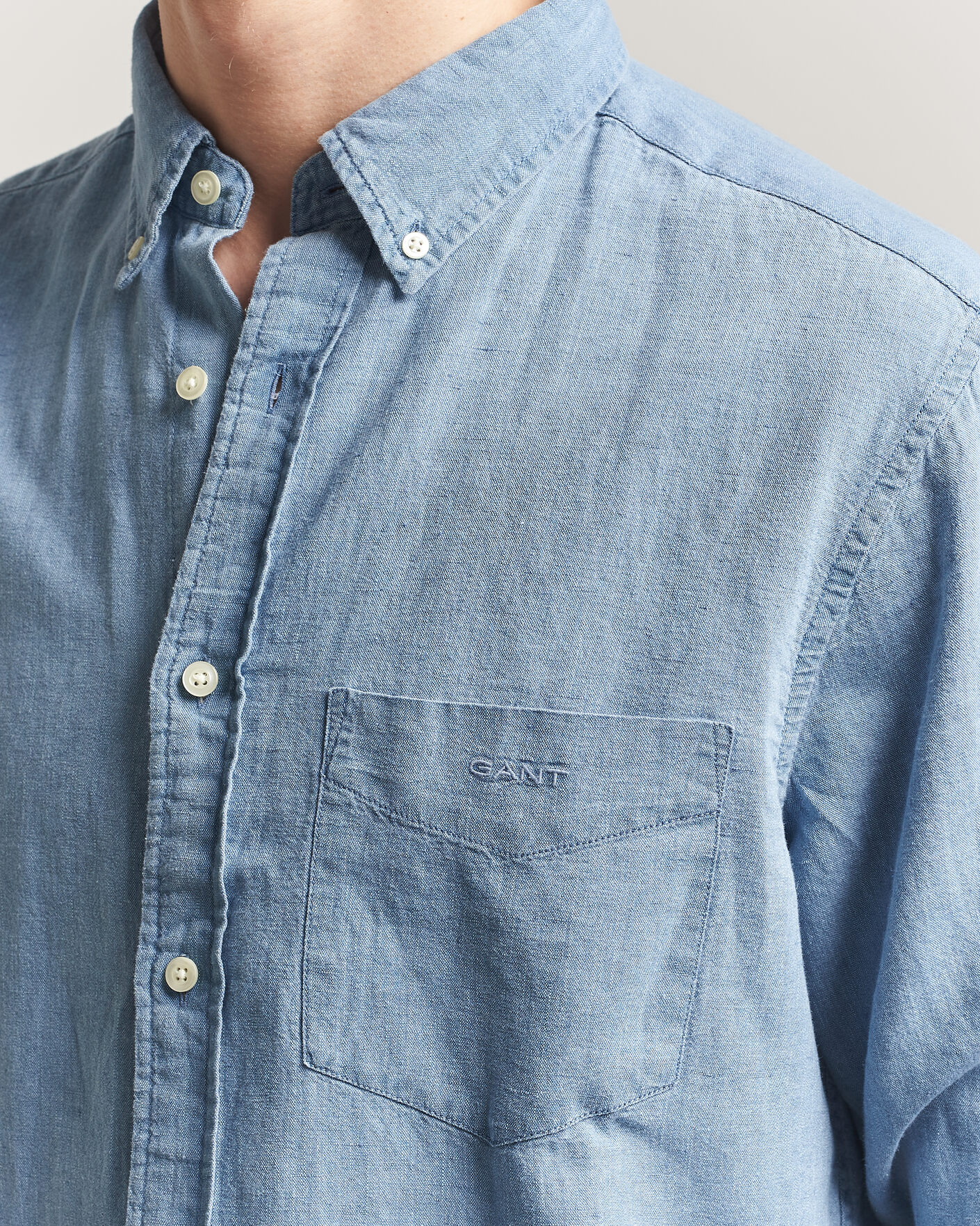 Hombres | Camisas | Gant | Regular Fit Cotton Linen Indigo Shirt Semi Light Blue