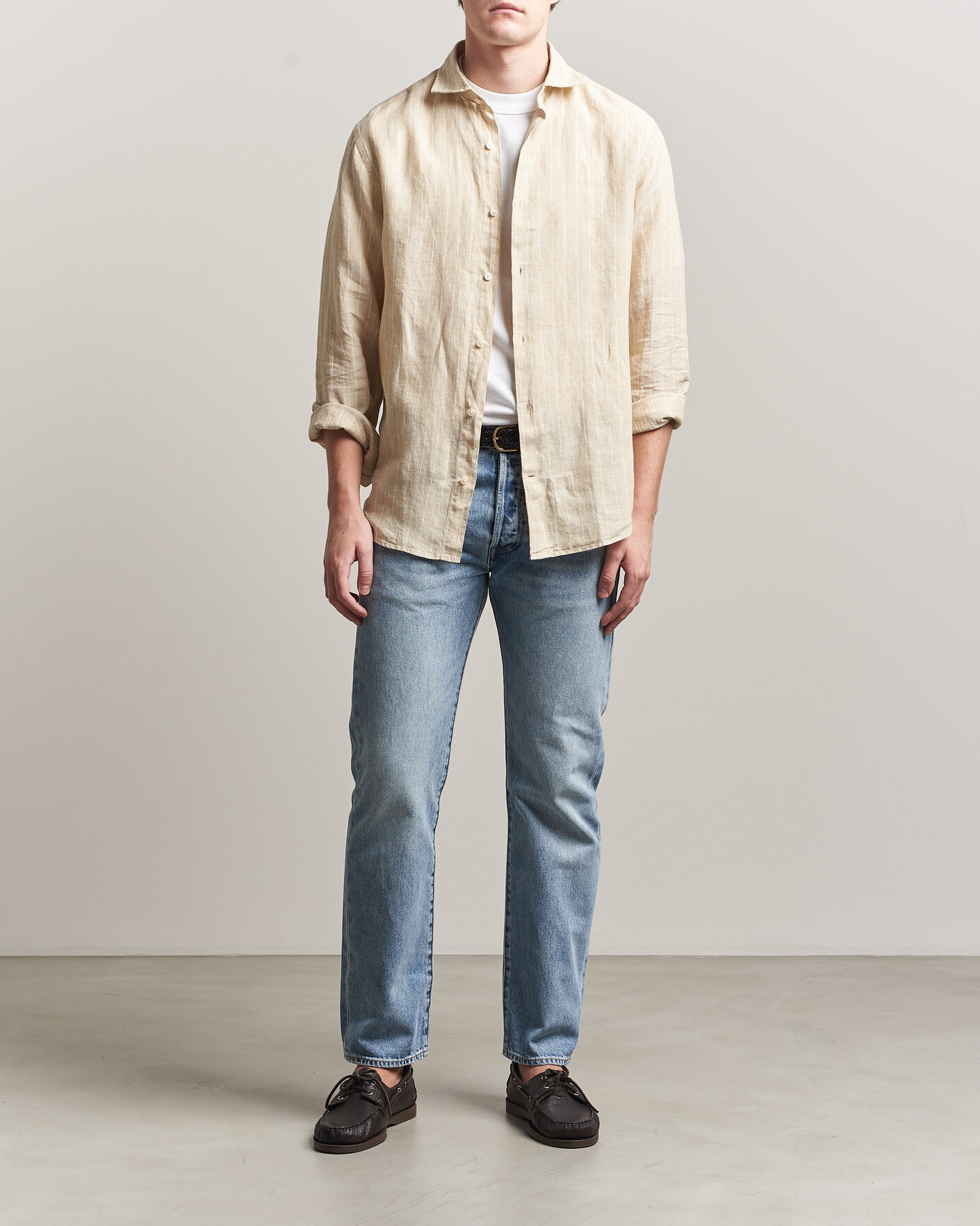 Hombres | Camisas | GANT | Regular Fit Linen Striped Shirt Oat Beige