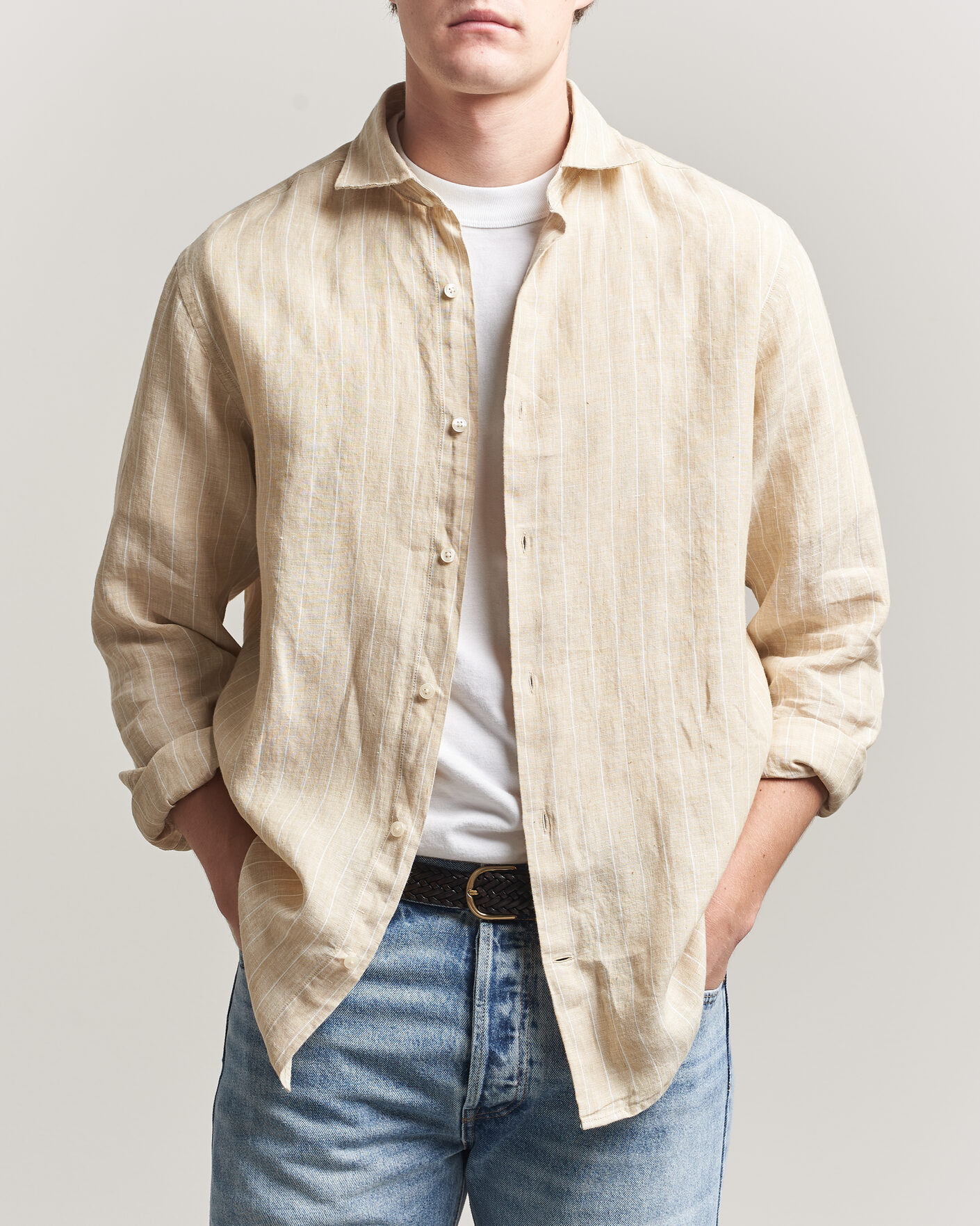 Hombres | Camisas | Gant | Regular Fit Linen Striped Shirt Oat Beige