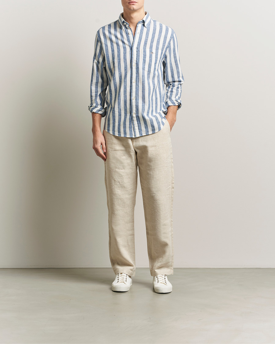 Hombres | Camisas | Gant | Regular Fit Linen/Cotton Striped Shirt Vintage Blue