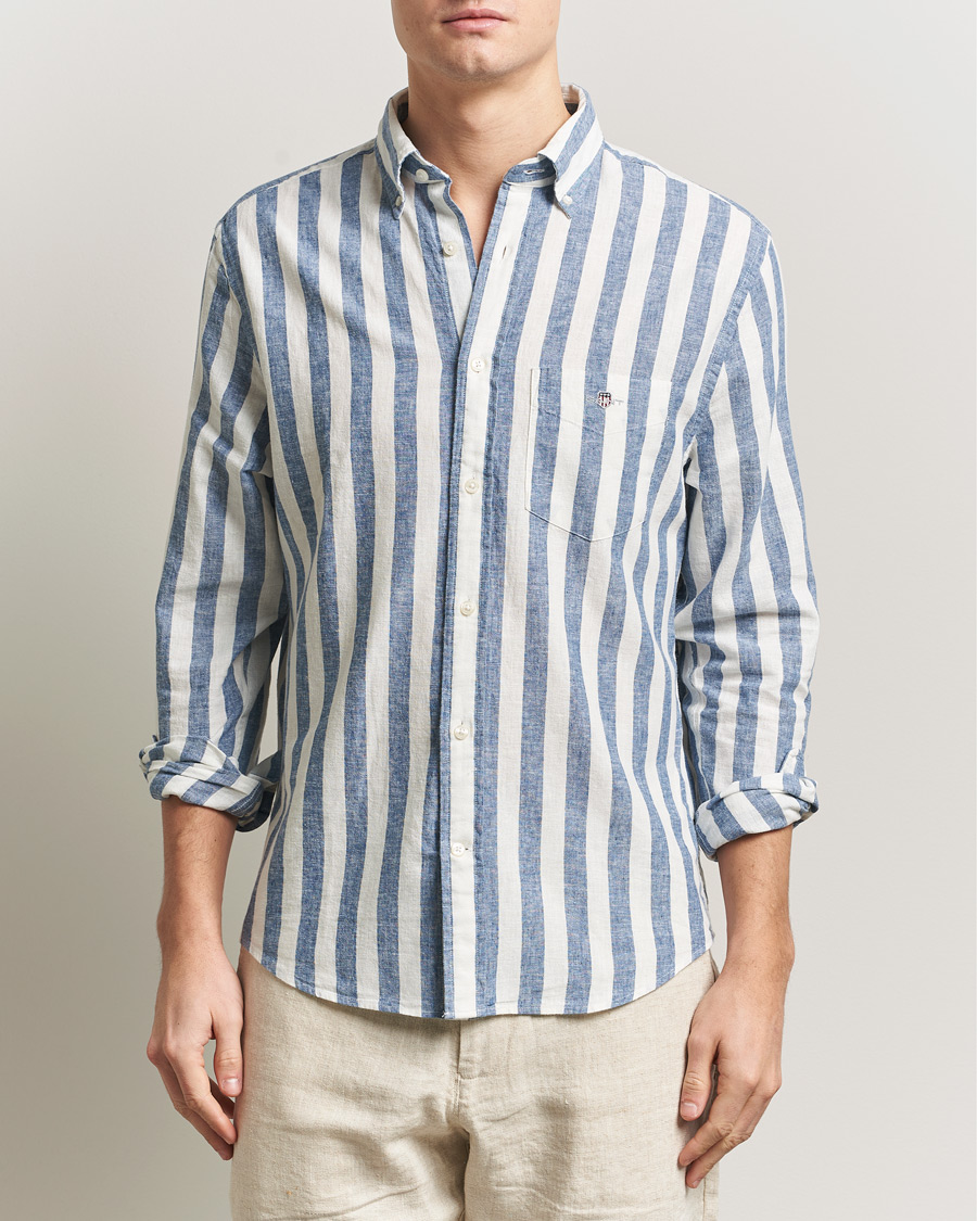 Hombres | Camisas | Gant | Regular Fit Linen/Cotton Striped Shirt Vintage Blue