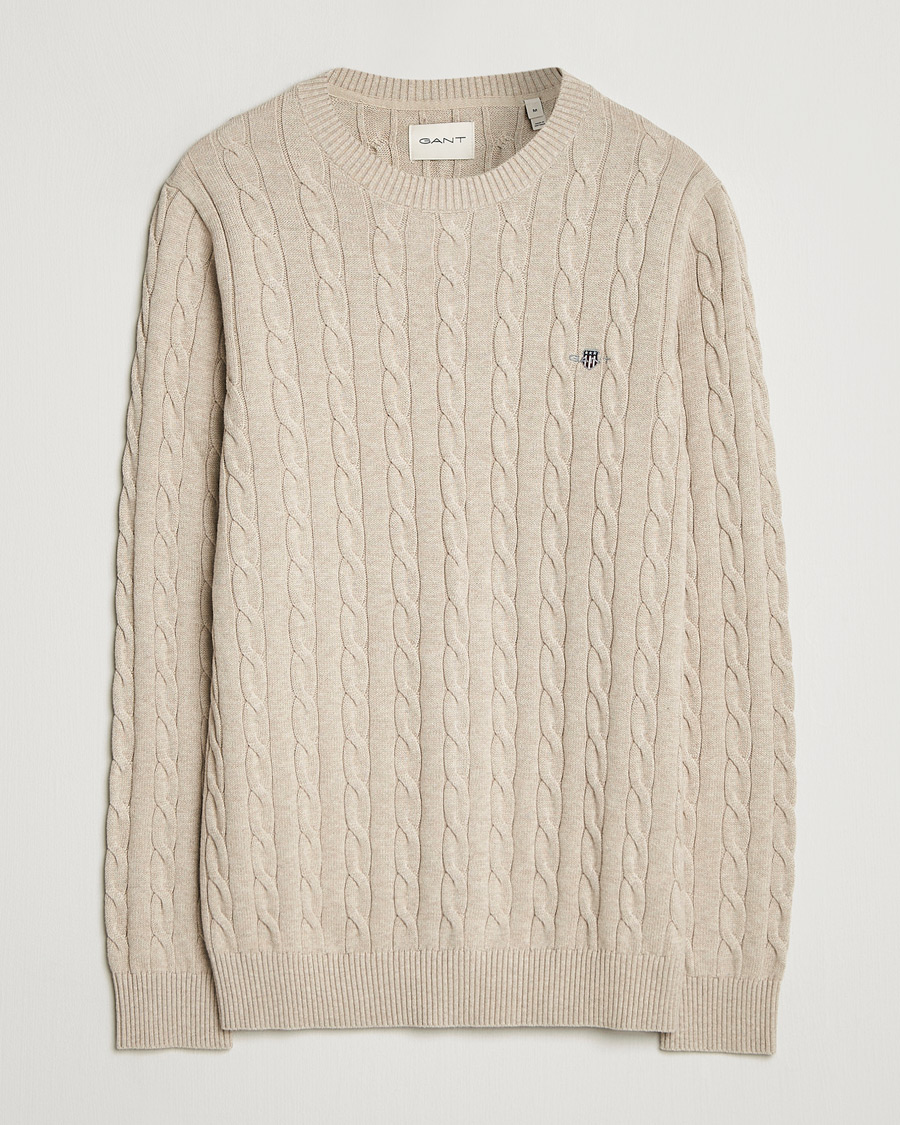 Hombres | Jerséis y prendas de punto | GANT | Cotton Cable Crew Neck Pullover Oat Melange