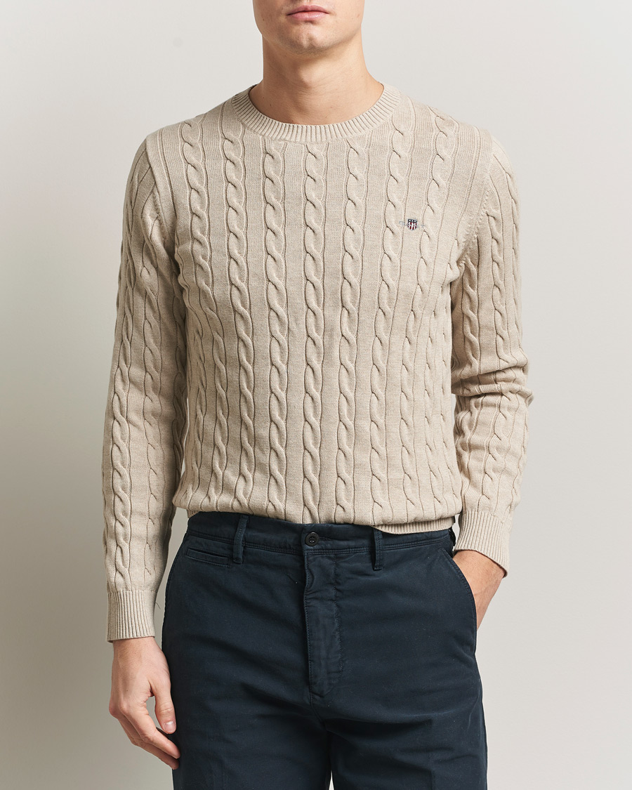 Hombres | Jerséis y prendas de punto | GANT | Cotton Cable Crew Neck Pullover Oat Melange