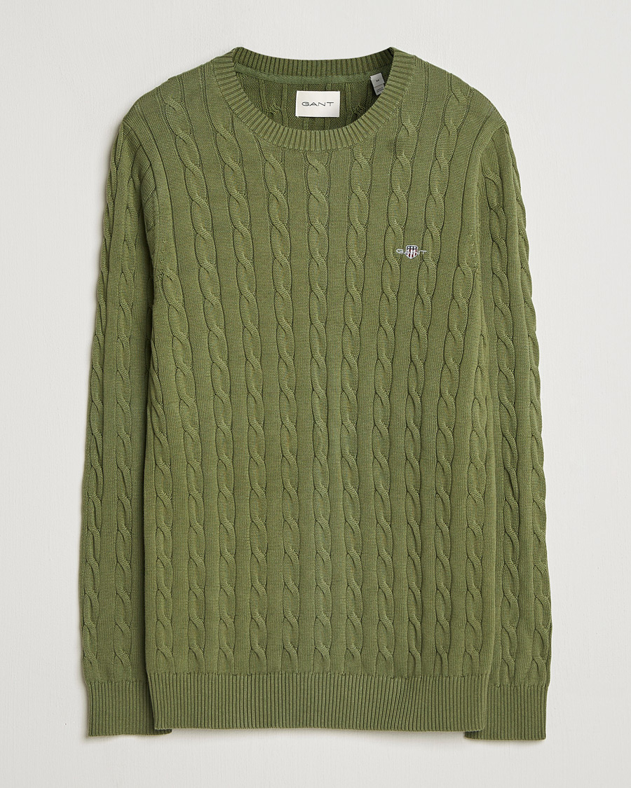 Hombres | Jerséis y prendas de punto | Gant | Cotton Cable Crew Neck Pullover Dry Herb Green