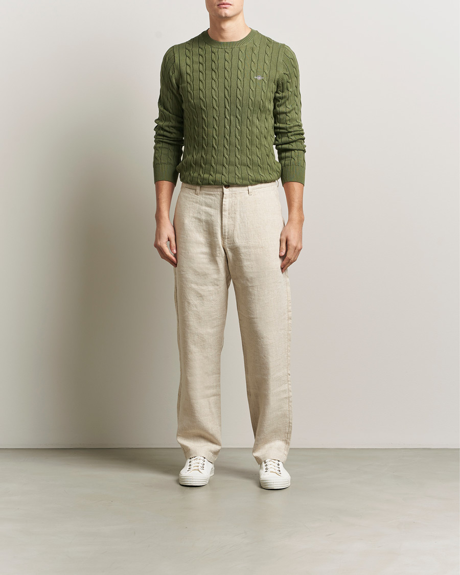 Hombres | Jerséis y prendas de punto | GANT | Cotton Cable Crew Neck Pullover Dry Herb Green