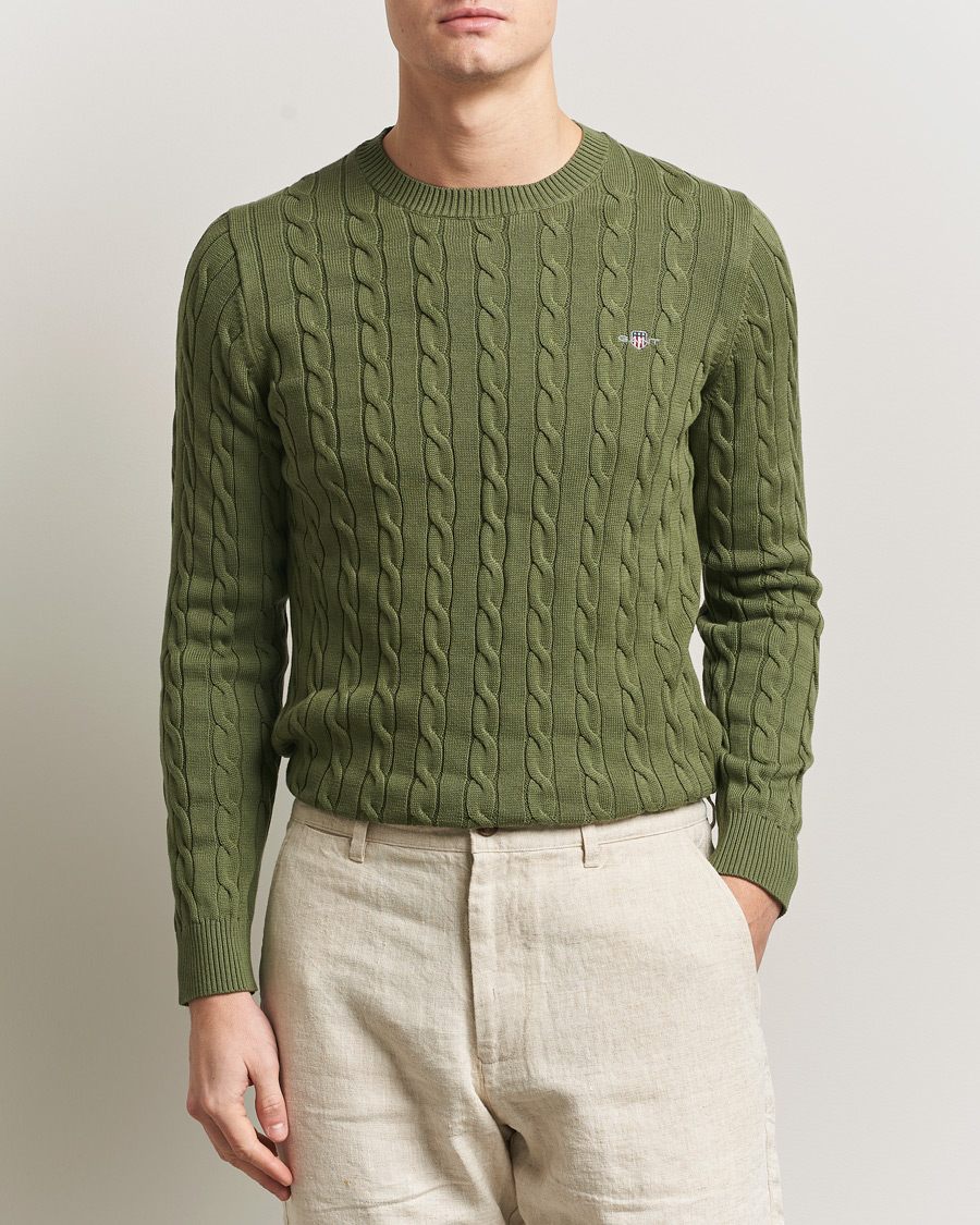 Hombres | Jerséis y prendas de punto | Gant | Cotton Cable Crew Neck Pullover Dry Herb Green