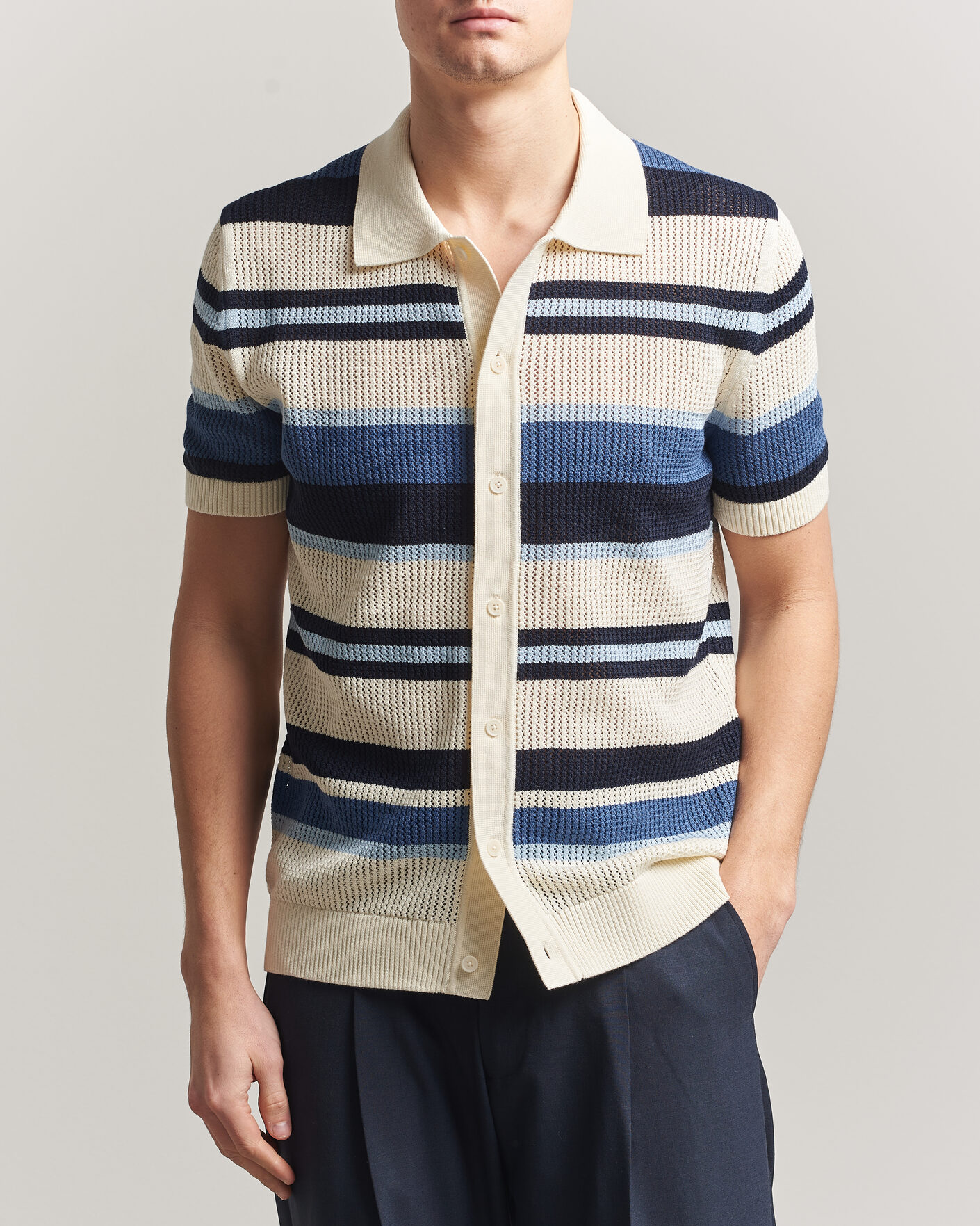 Hombres | Camisas | Gant | Striped Knitted Short Sleeve Shirt Vintage Blue