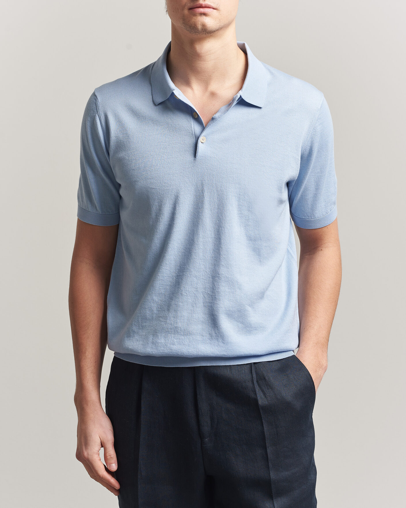 Hombres | Polos | Piacenza Cashmere | Short Sleeve Knitted Polo Light Blue
