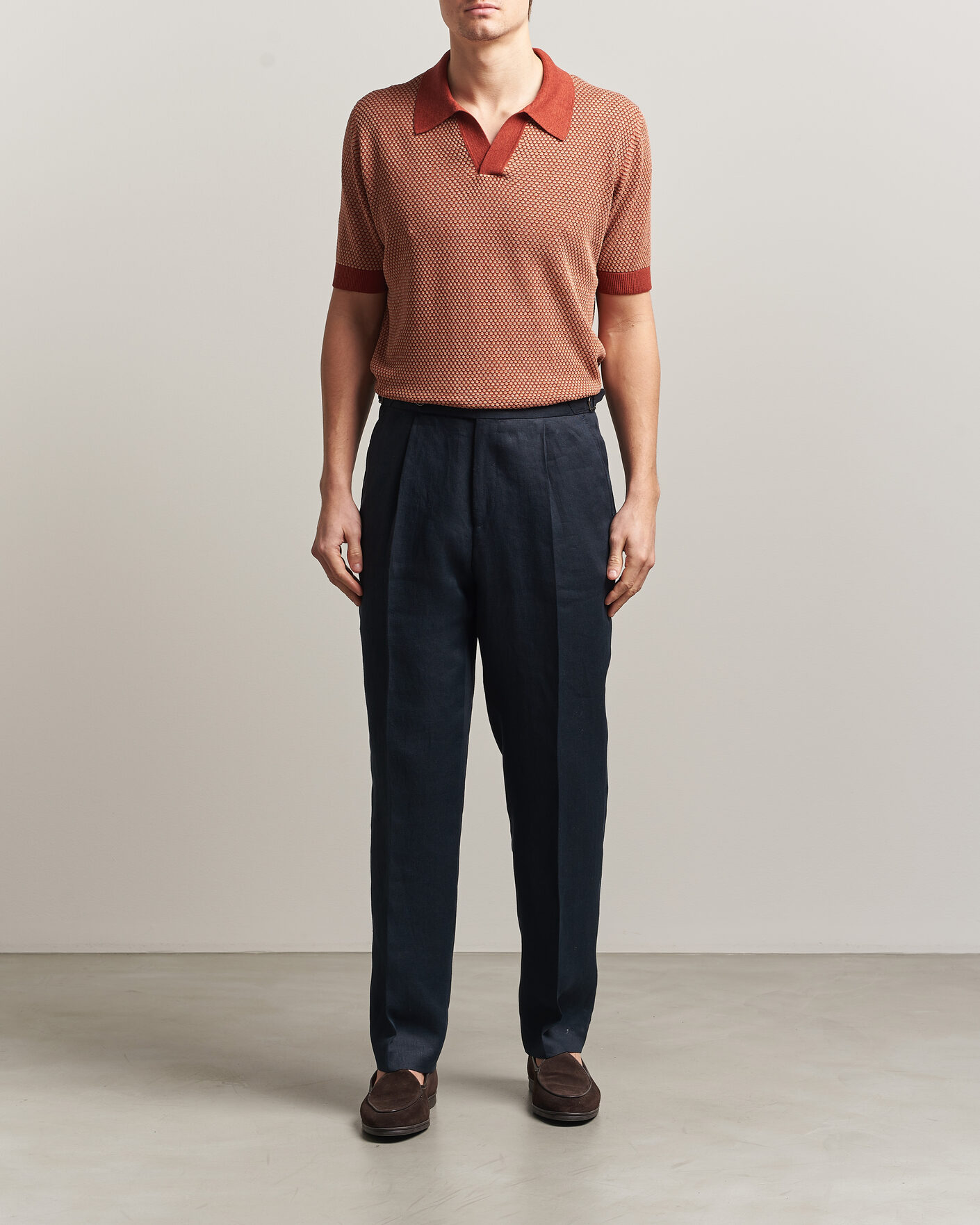 Hombres | Polos | Piacenza Cashmere | Silk/Linen Honeycomb Knitted Polo Red
