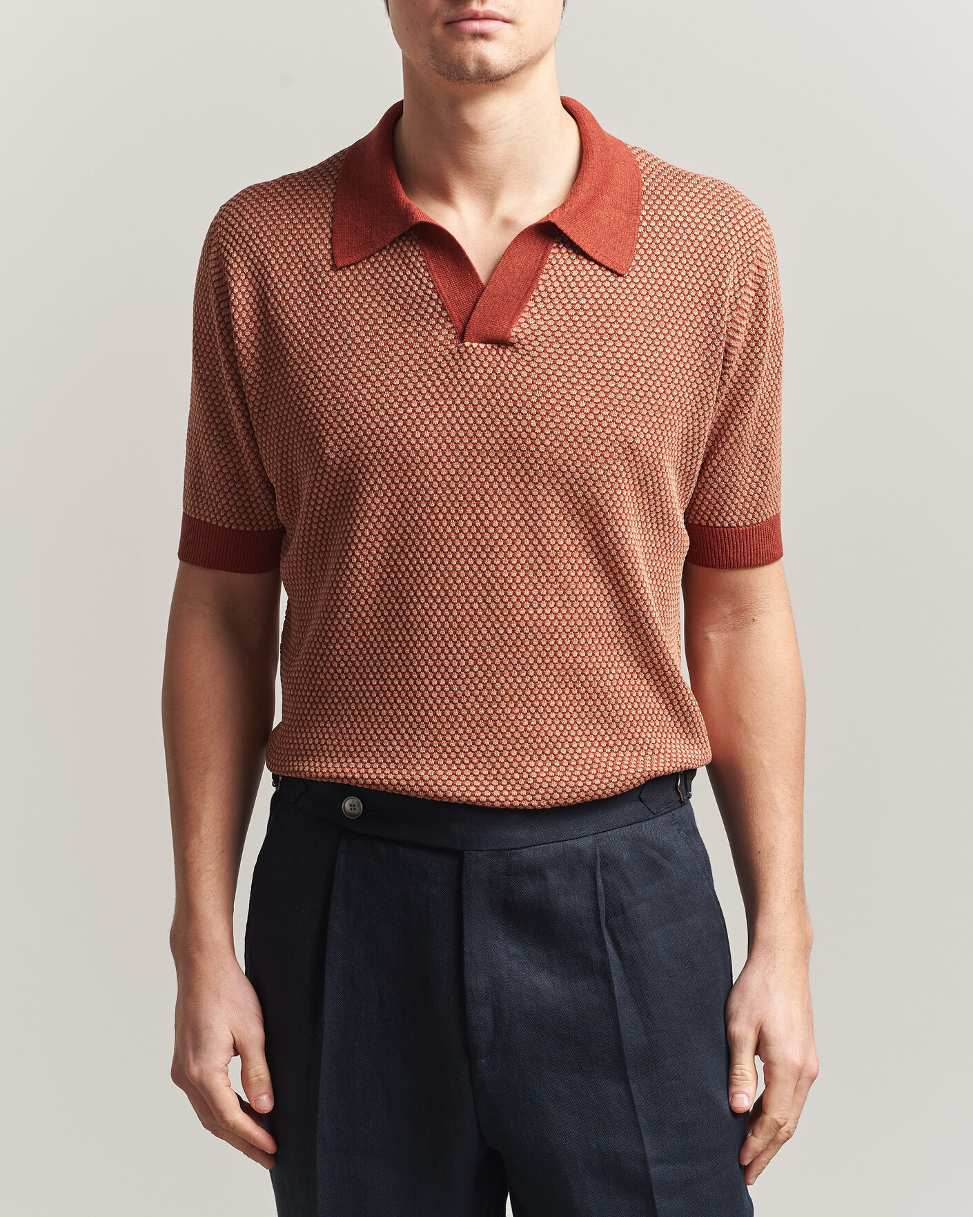 Hombres | Polos | Piacenza Cashmere | Silk/Linen Honeycomb Knitted Polo Red