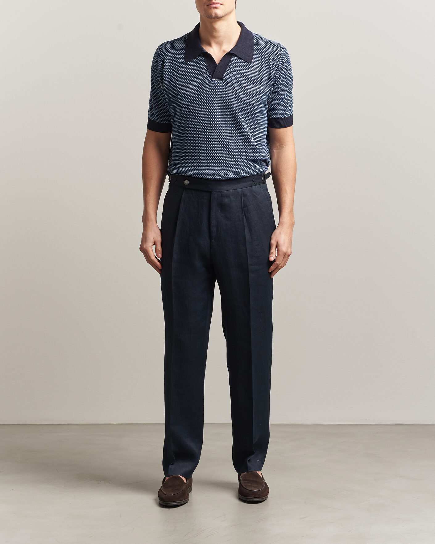 Hombres | Polos | Piacenza Cashmere | Silk/Linen Honeycomb Knitted Polo Navy